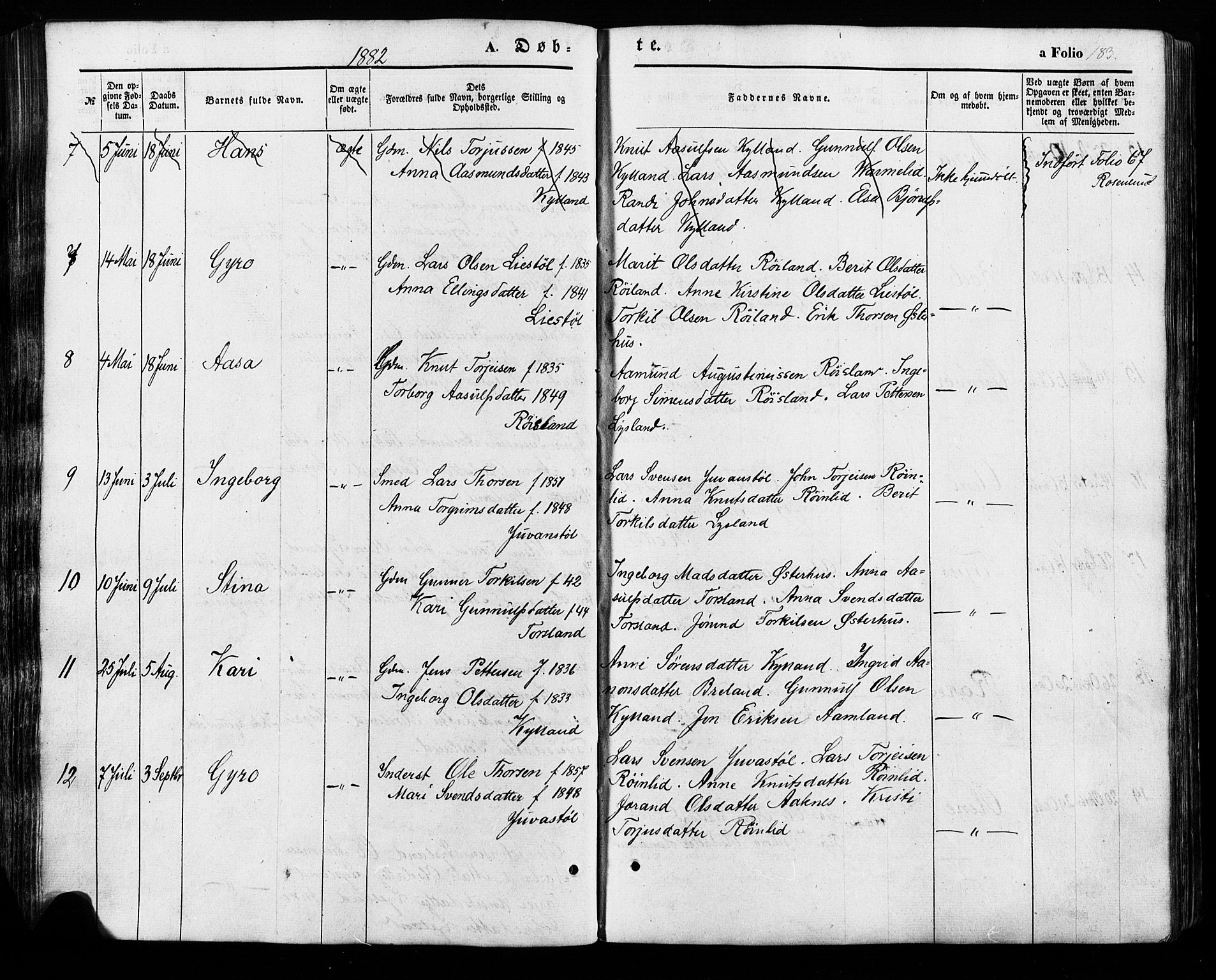 Åseral sokneprestkontor, AV/SAK-1111-0051/F/Fa/L0002: Parish register (official) no. A 2, 1854-1884, p. 183