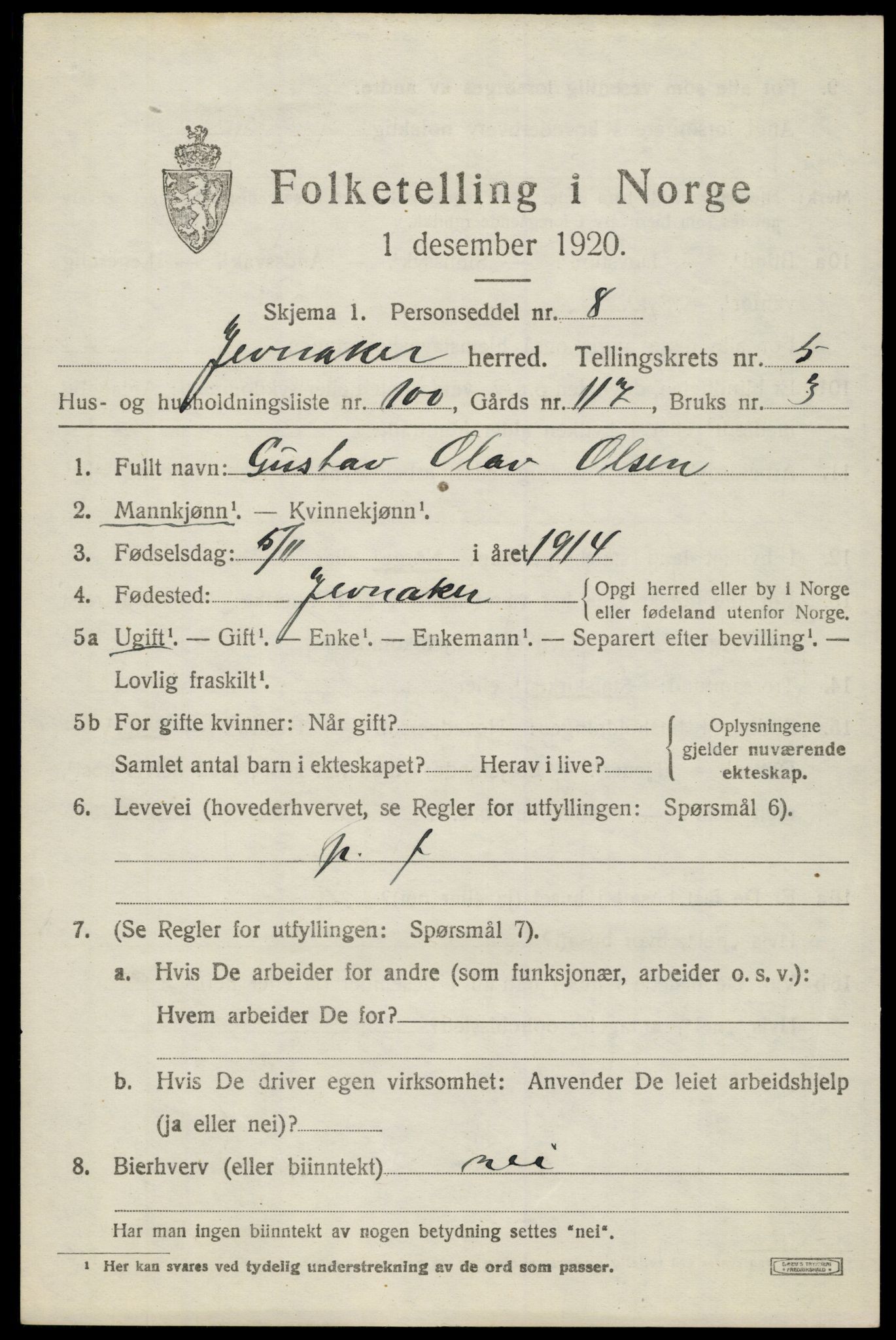 SAH, 1920 census for Jevnaker, 1920, p. 8841