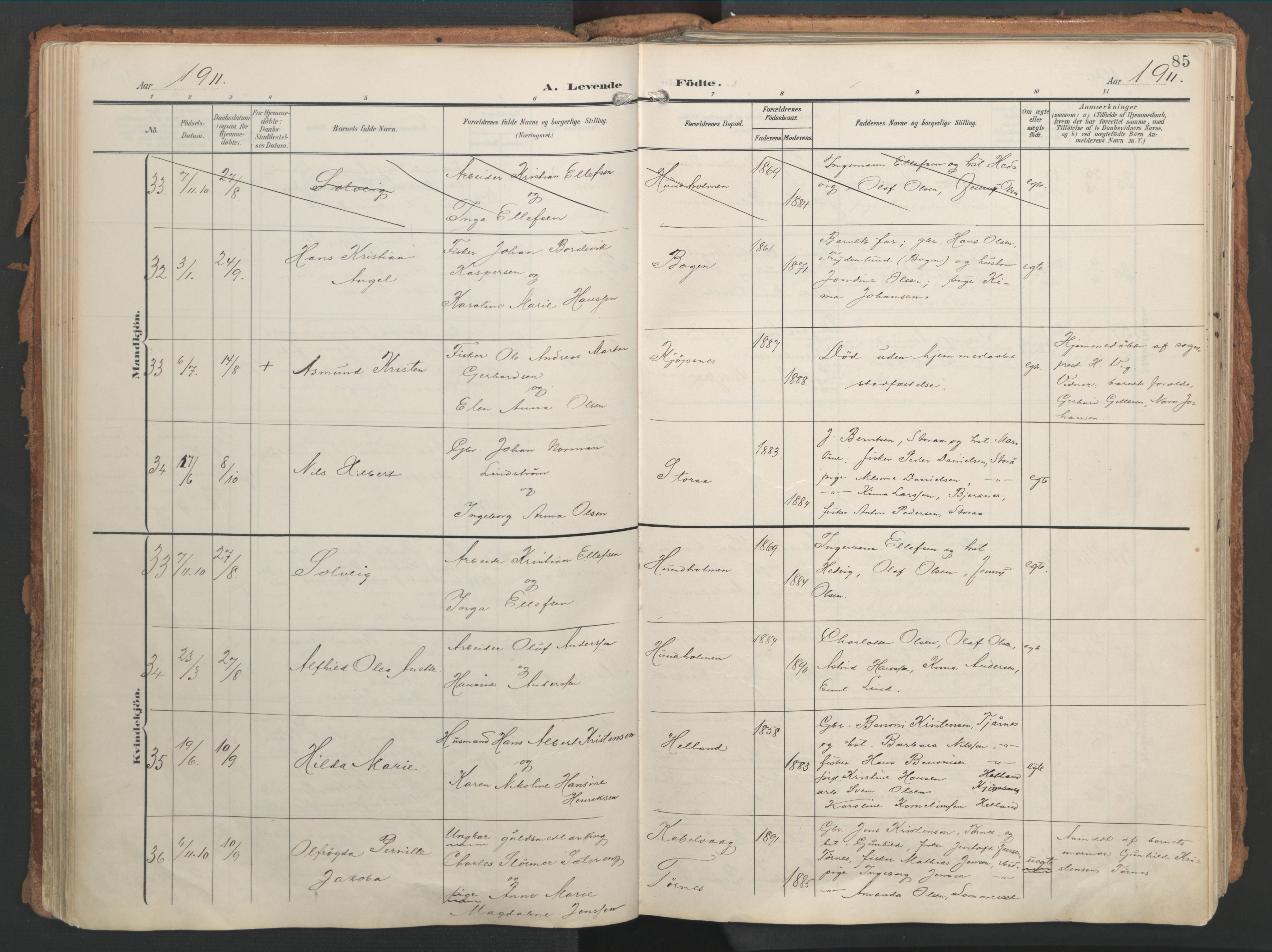 Ministerialprotokoller, klokkerbøker og fødselsregistre - Nordland, AV/SAT-A-1459/861/L0871: Parish register (official) no. 861A06, 1903-1916, p. 85