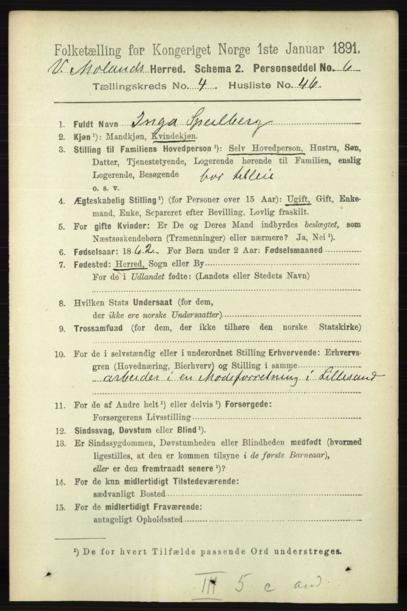 RA, 1891 census for 0926 Vestre Moland, 1891, p. 1569