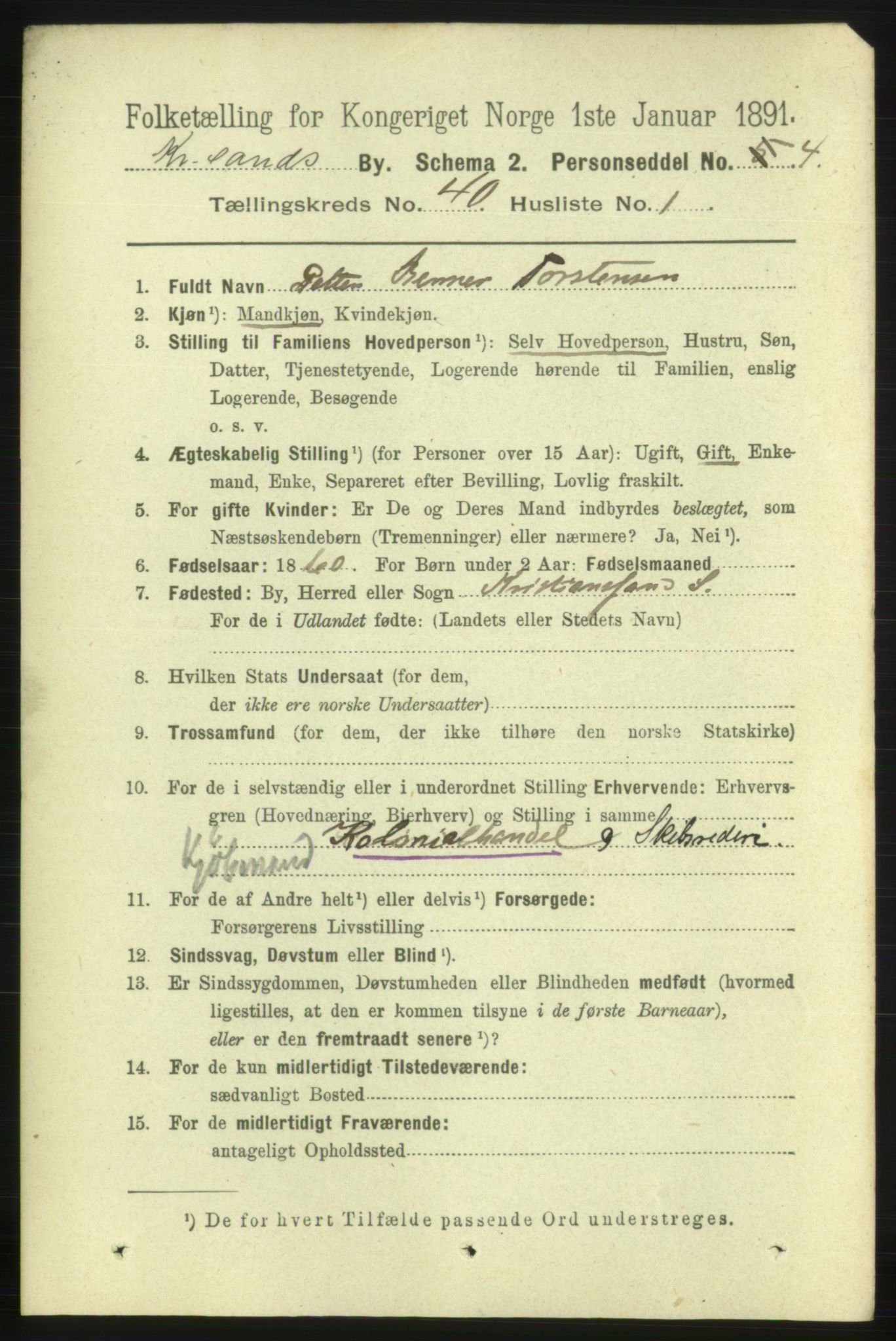 RA, 1891 census for 1001 Kristiansand, 1891, p. 12400