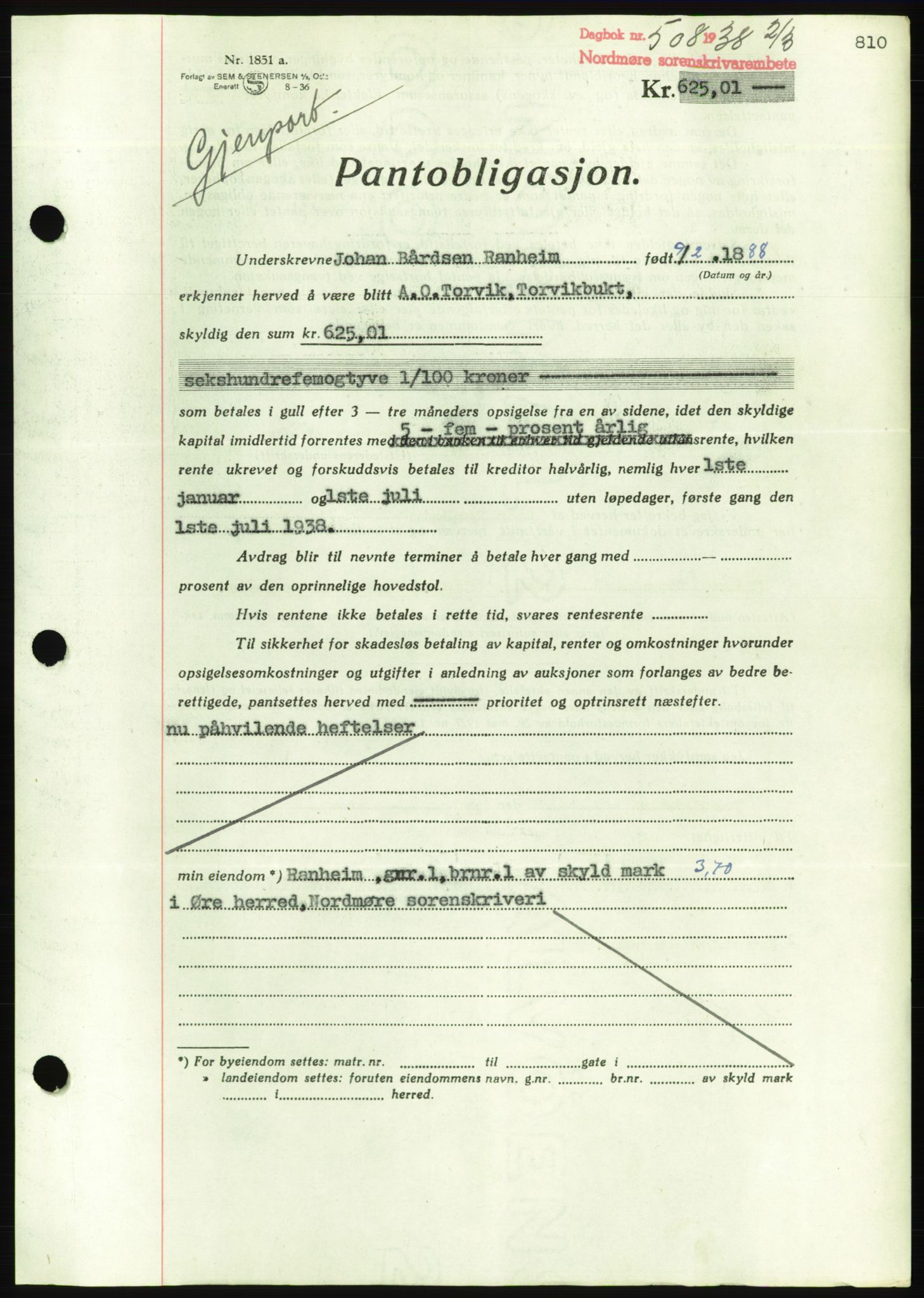 Nordmøre sorenskriveri, AV/SAT-A-4132/1/2/2Ca/L0092: Mortgage book no. B82, 1937-1938, Diary no: : 508/1938