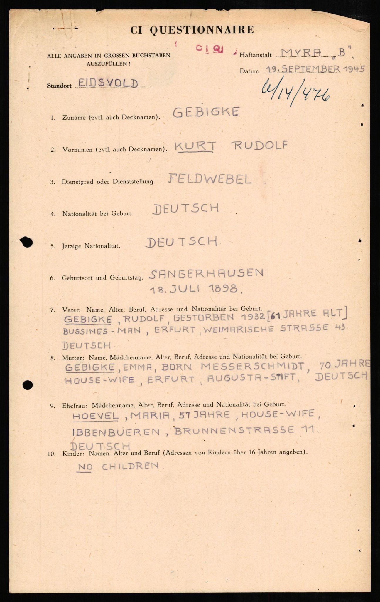 Forsvaret, Forsvarets overkommando II, AV/RA-RAFA-3915/D/Db/L0009: CI Questionaires. Tyske okkupasjonsstyrker i Norge. Tyskere., 1945-1946, p. 340