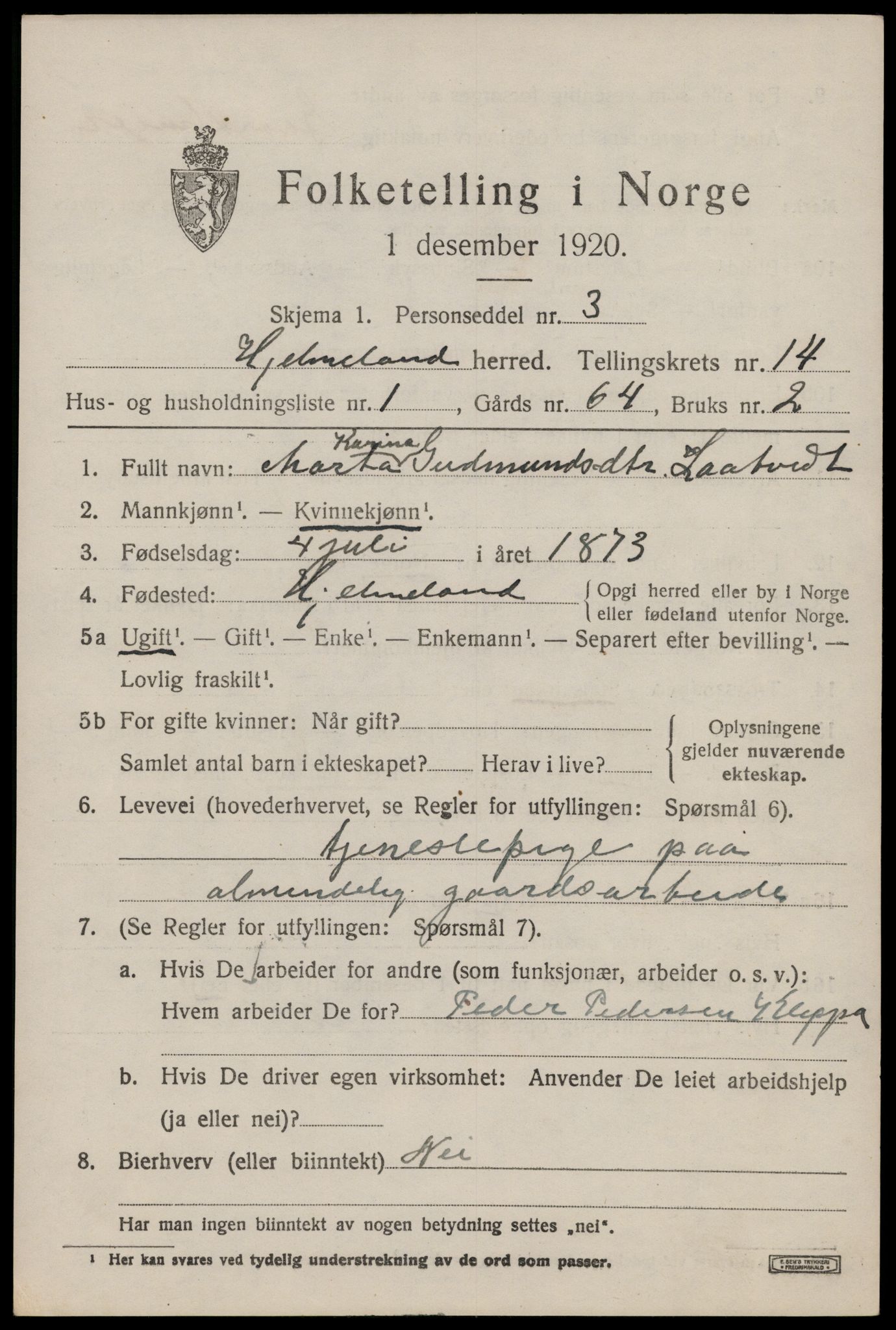 SAST, 1920 census for Hjelmeland, 1920, p. 4423