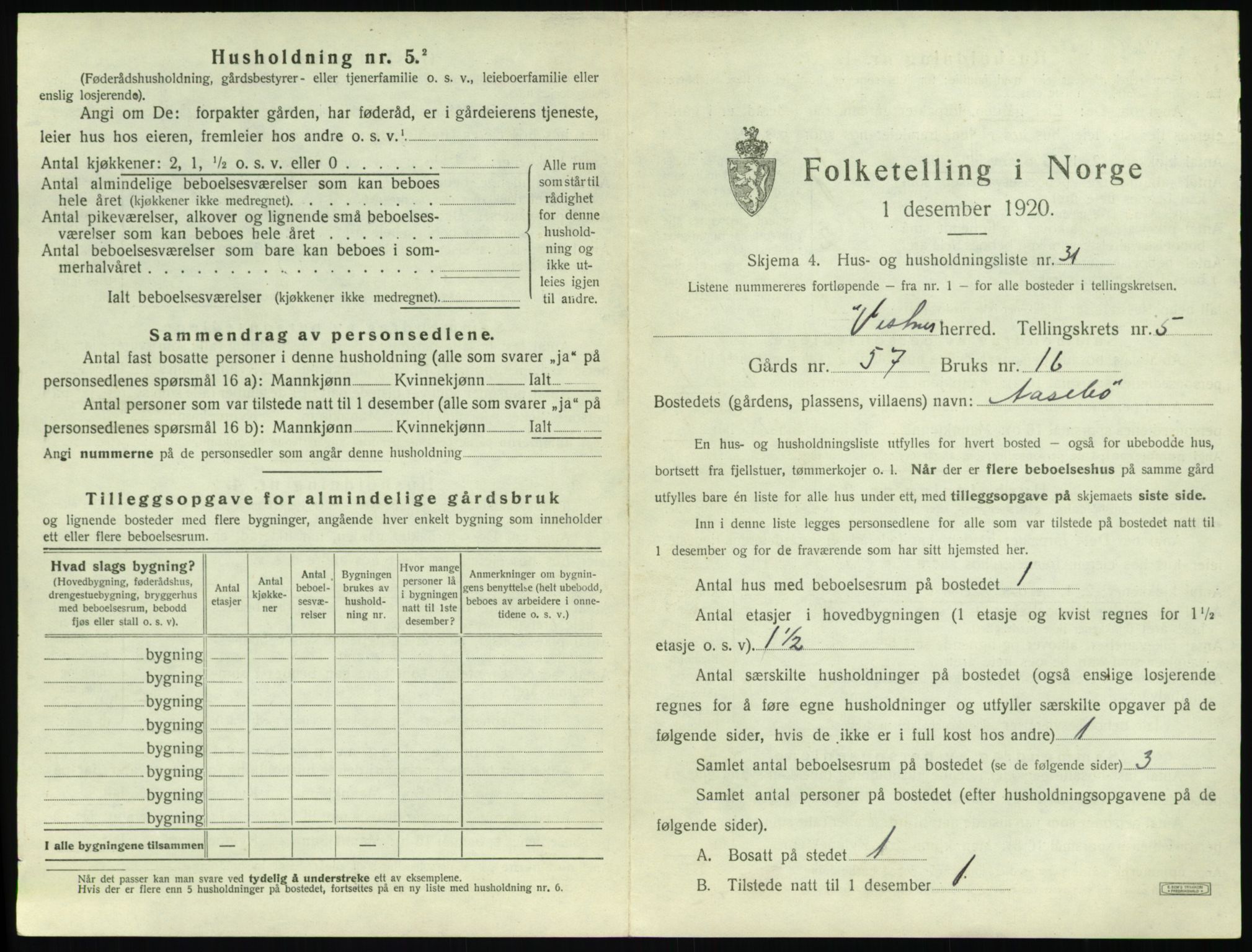 SAT, 1920 census for Vestnes, 1920, p. 639