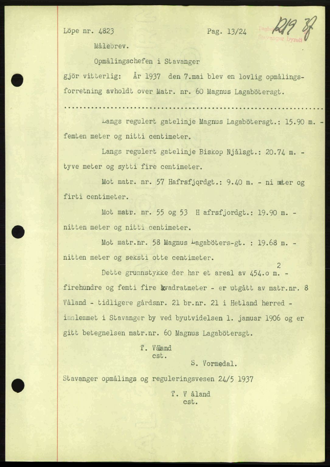 Stavanger byrett, SAST/A-100455/002/G/Gb/L0012: Mortgage book no. A2, 1936-1937, Diary no: : 1219/1937