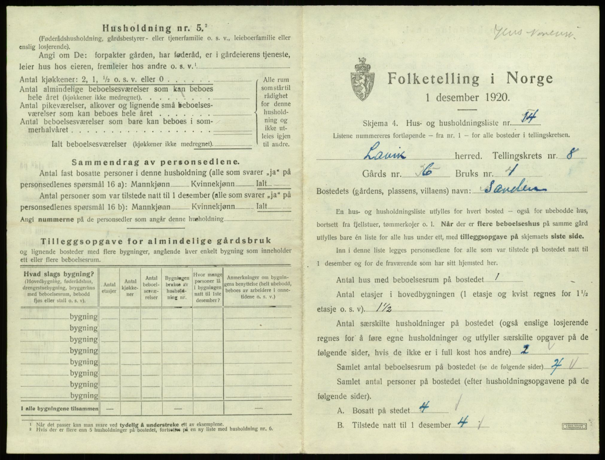 SAB, 1920 census for Lavik, 1920, p. 290