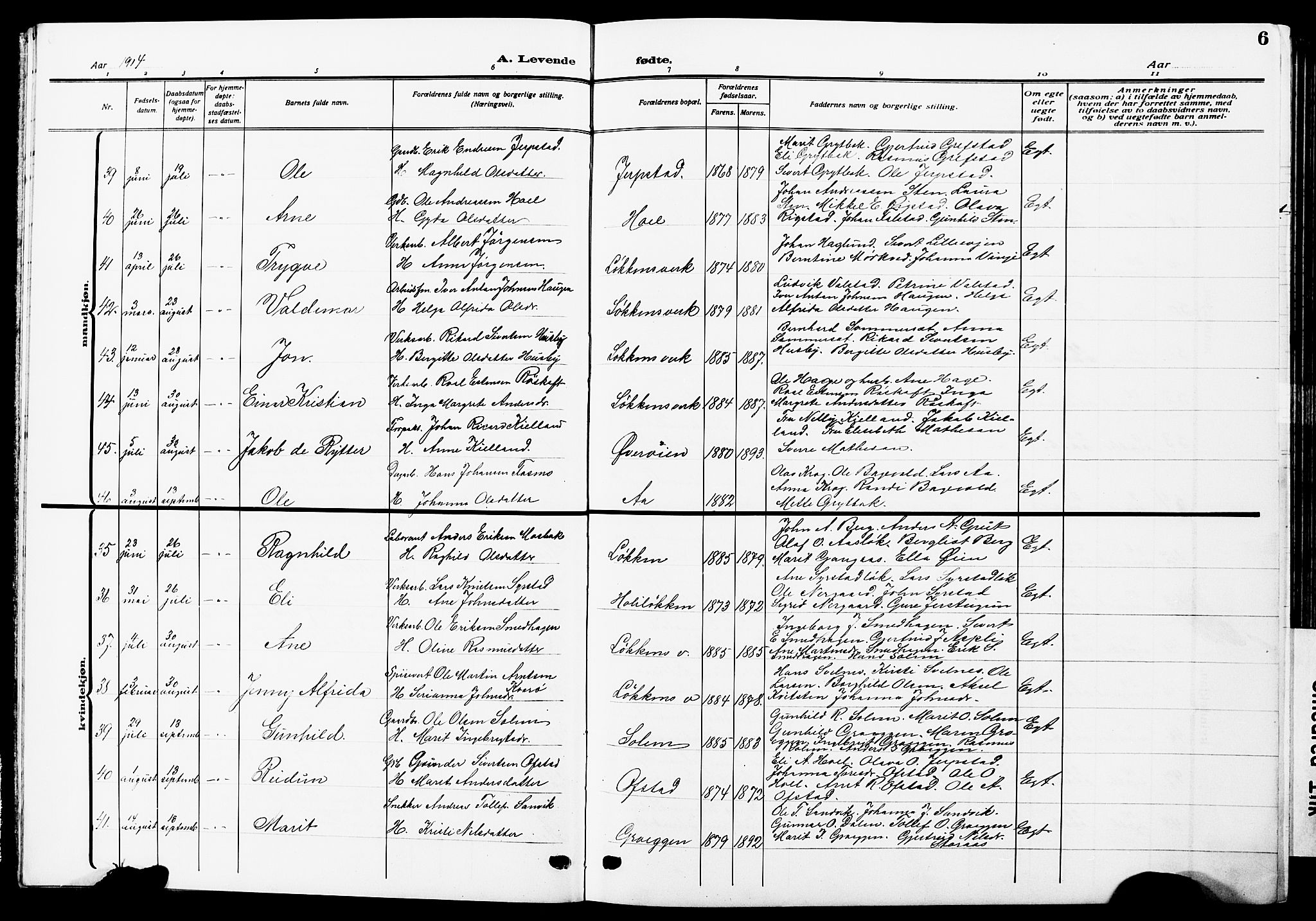 Ministerialprotokoller, klokkerbøker og fødselsregistre - Sør-Trøndelag, SAT/A-1456/672/L0865: Parish register (copy) no. 672C04, 1914-1928, p. 6
