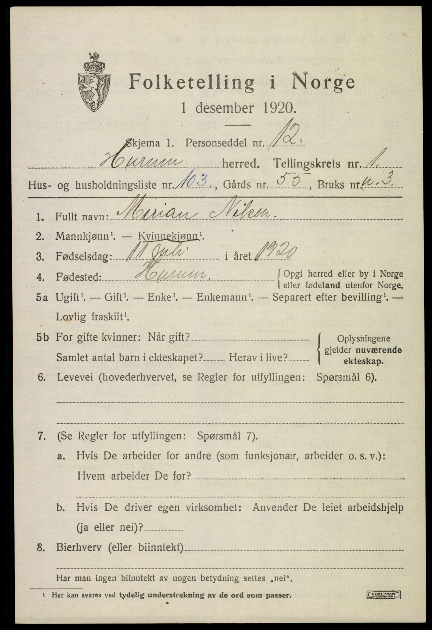 SAKO, 1920 census for Hurum, 1920, p. 3092