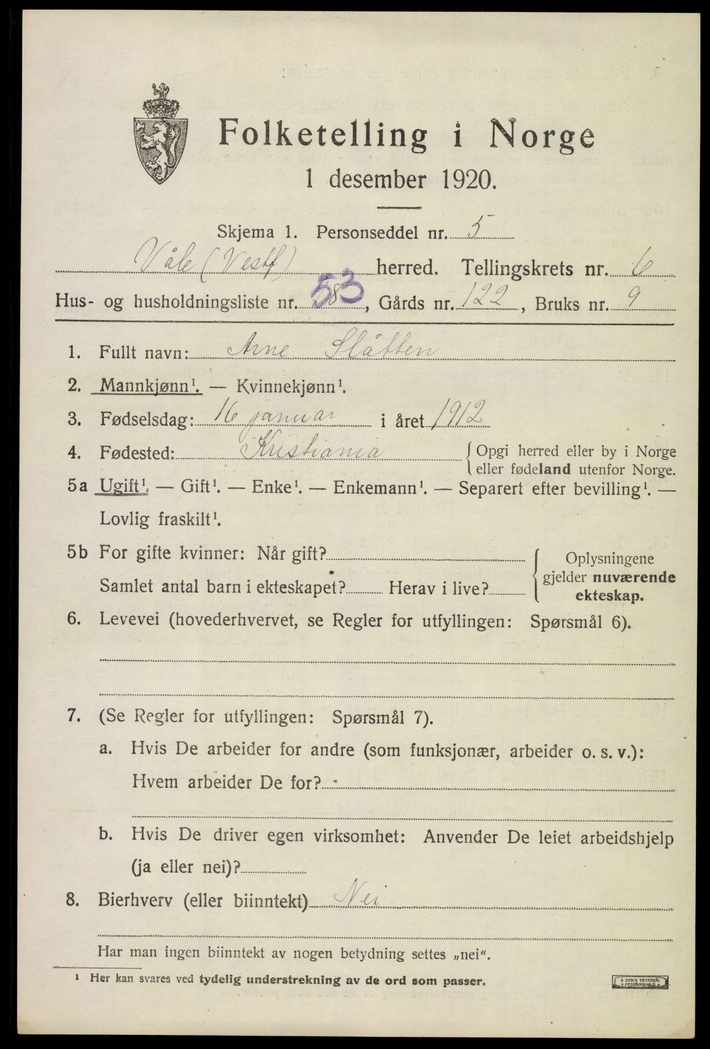 SAKO, 1920 census for Våle, 1920, p. 5492