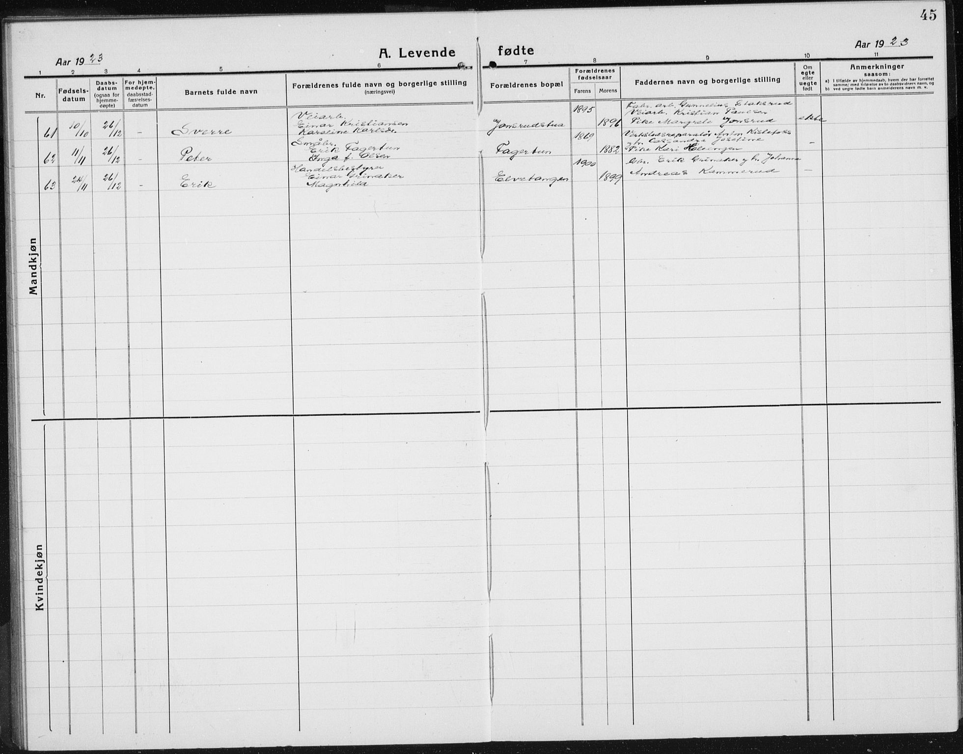 Gran prestekontor, SAH/PREST-112/H/Ha/Hab/L0008: Parish register (copy) no. 8, 1917-1935, p. 45