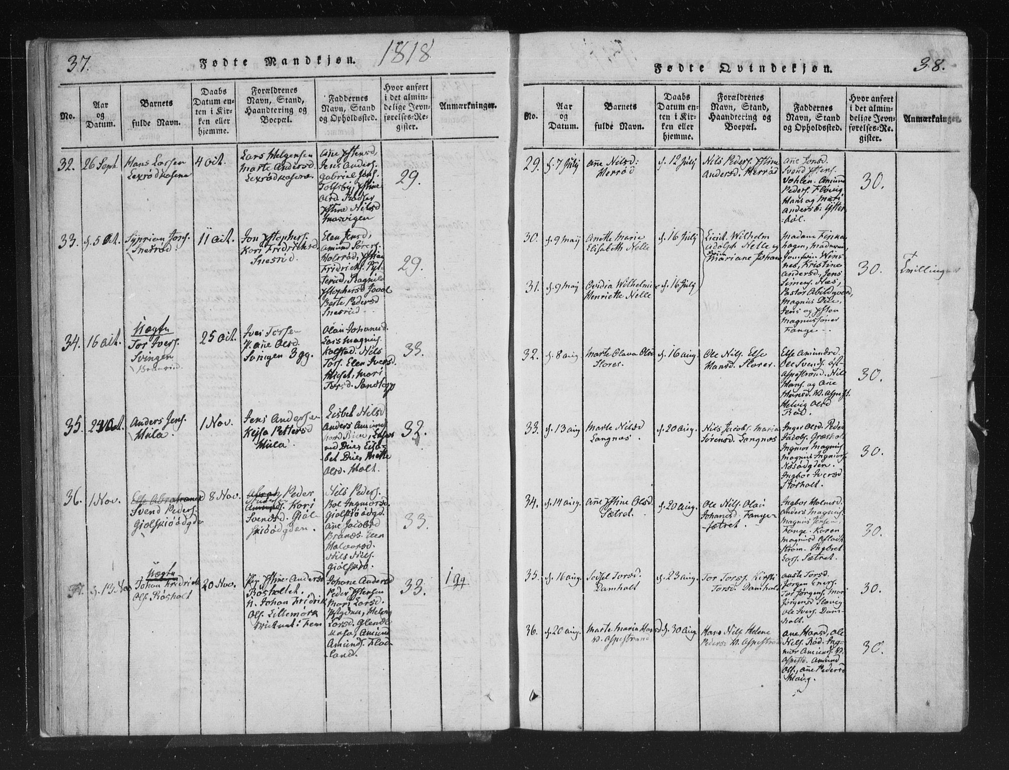 Aremark prestekontor Kirkebøker, AV/SAO-A-10899/F/Fc/L0001: Parish register (official) no. III 1, 1814-1834, p. 37-38