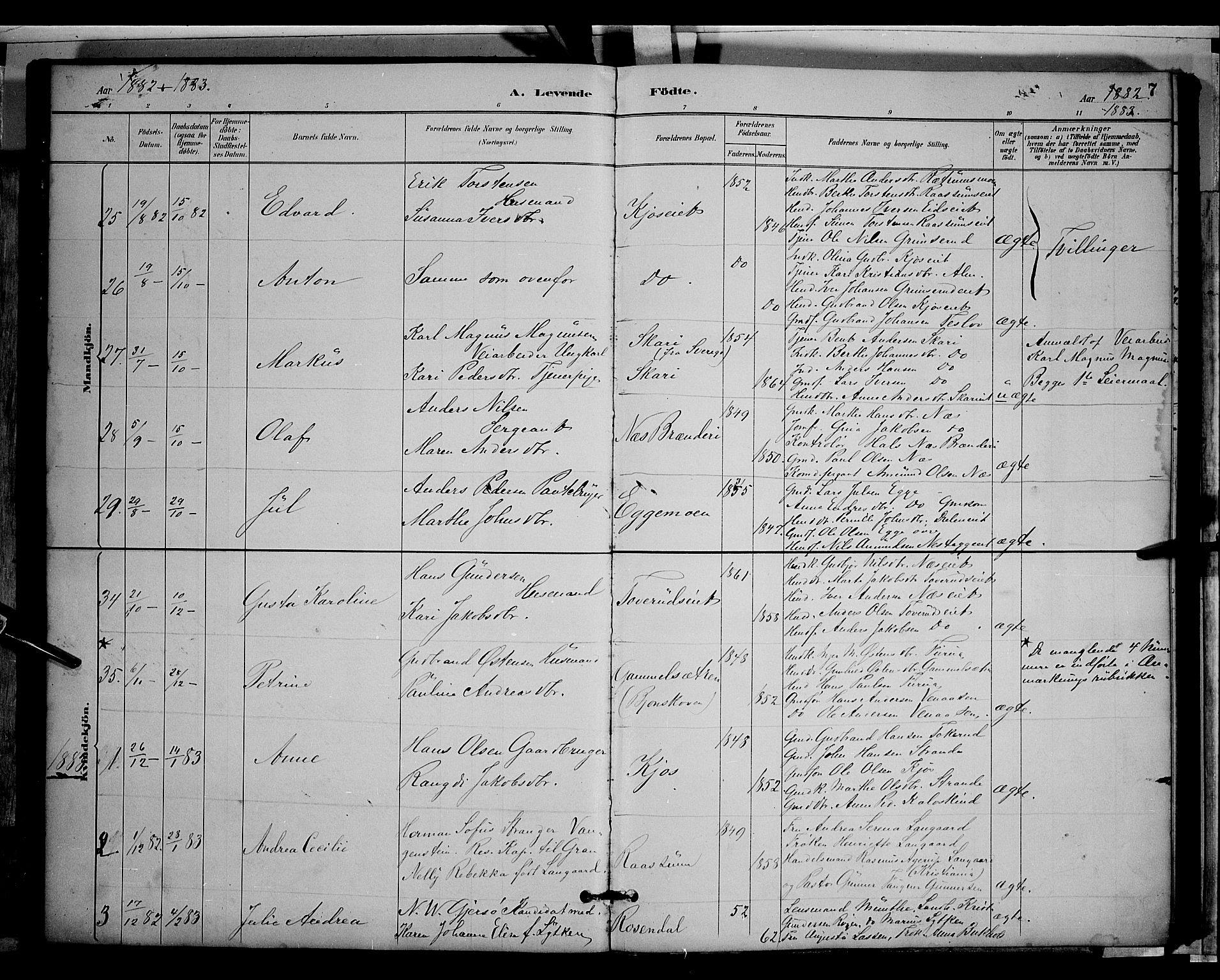 Gran prestekontor, SAH/PREST-112/H/Ha/Hab/L0003: Parish register (copy) no. 3, 1882-1890, p. 7