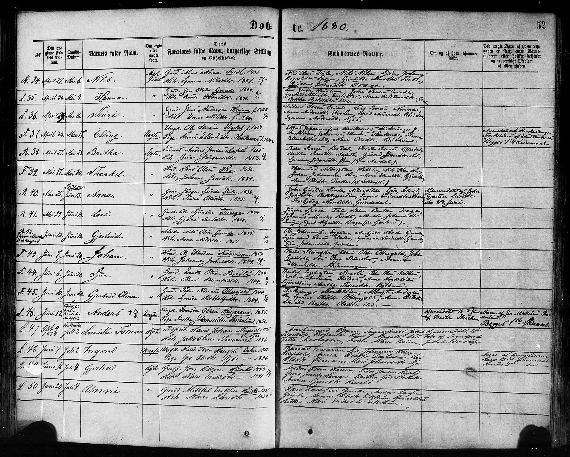 Leikanger sokneprestembete, SAB/A-81001: Parish register (official) no. A 9, 1869-1888, p. 52