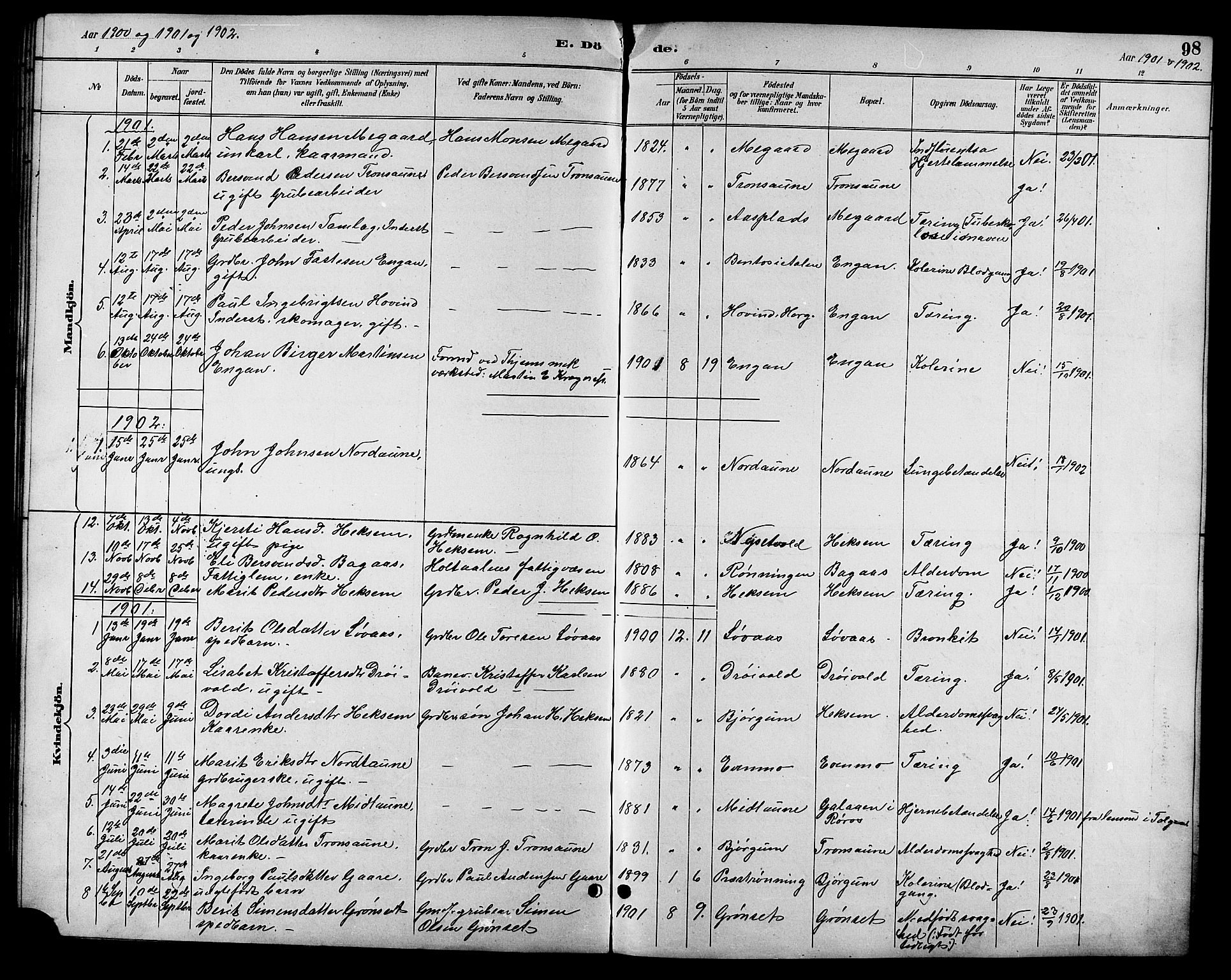 Ministerialprotokoller, klokkerbøker og fødselsregistre - Sør-Trøndelag, SAT/A-1456/685/L0978: Parish register (copy) no. 685C03, 1891-1907, p. 98