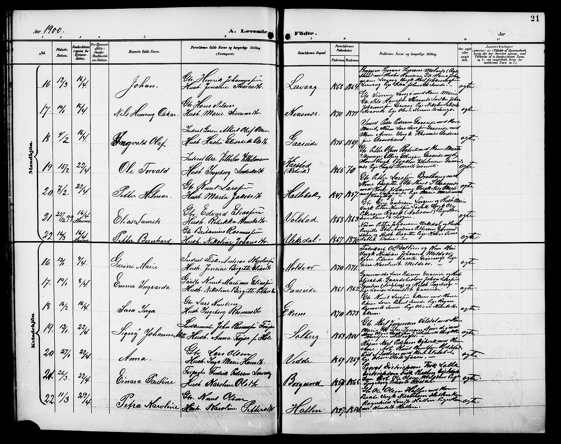 Ministerialprotokoller, klokkerbøker og fødselsregistre - Møre og Romsdal, AV/SAT-A-1454/528/L0432: Parish register (copy) no. 528C13, 1898-1918, p. 21