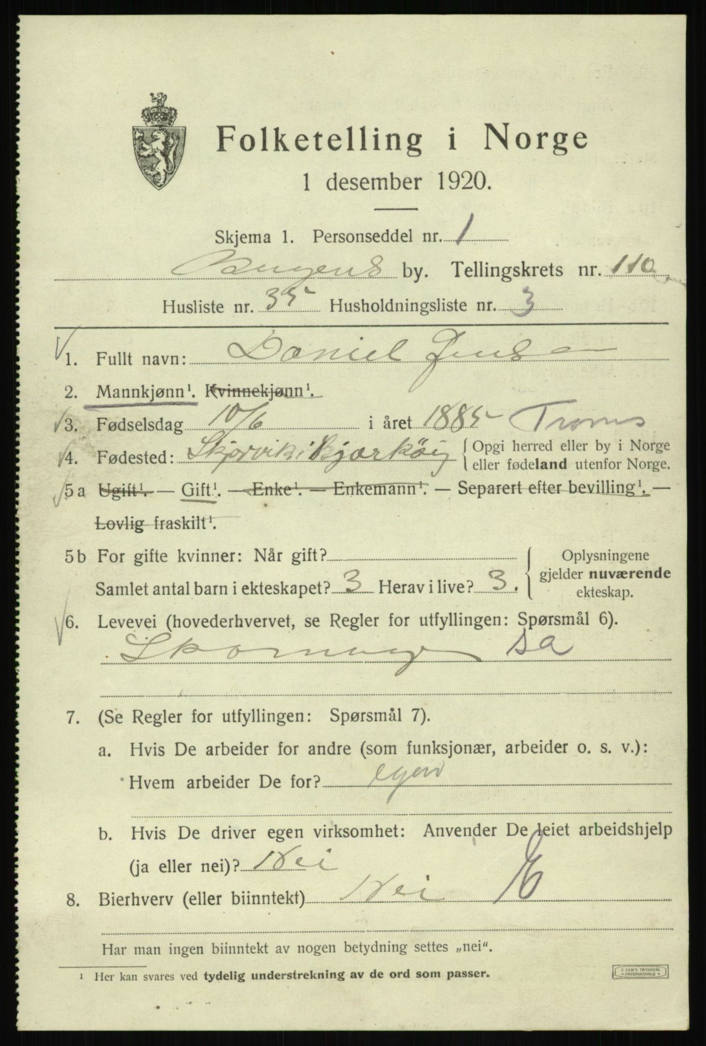 SAB, 1920 census for Bergen, 1920, p. 190552