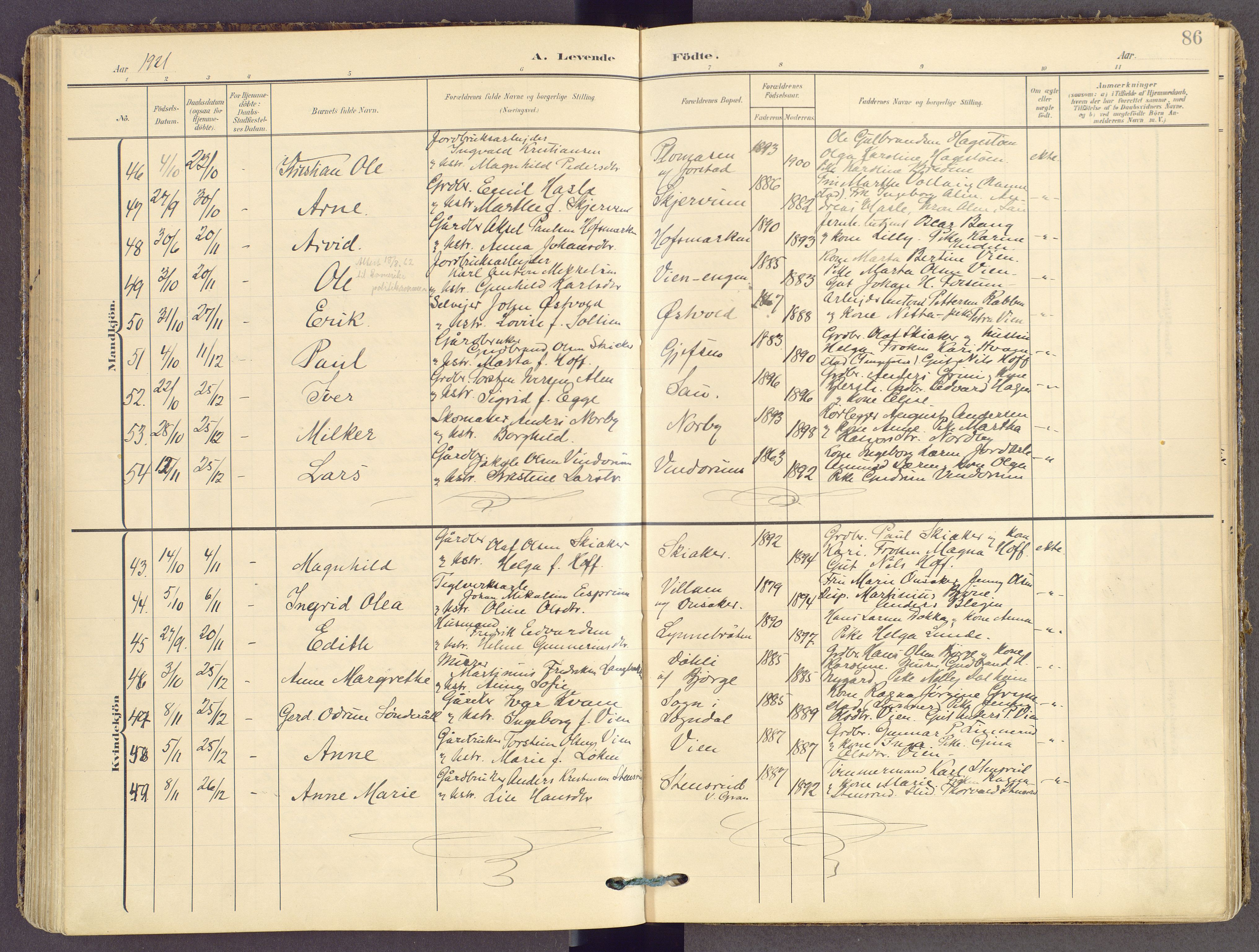 Gran prestekontor, SAH/PREST-112/H/Ha/Haa/L0021: Parish register (official) no. 21, 1908-1932, p. 86