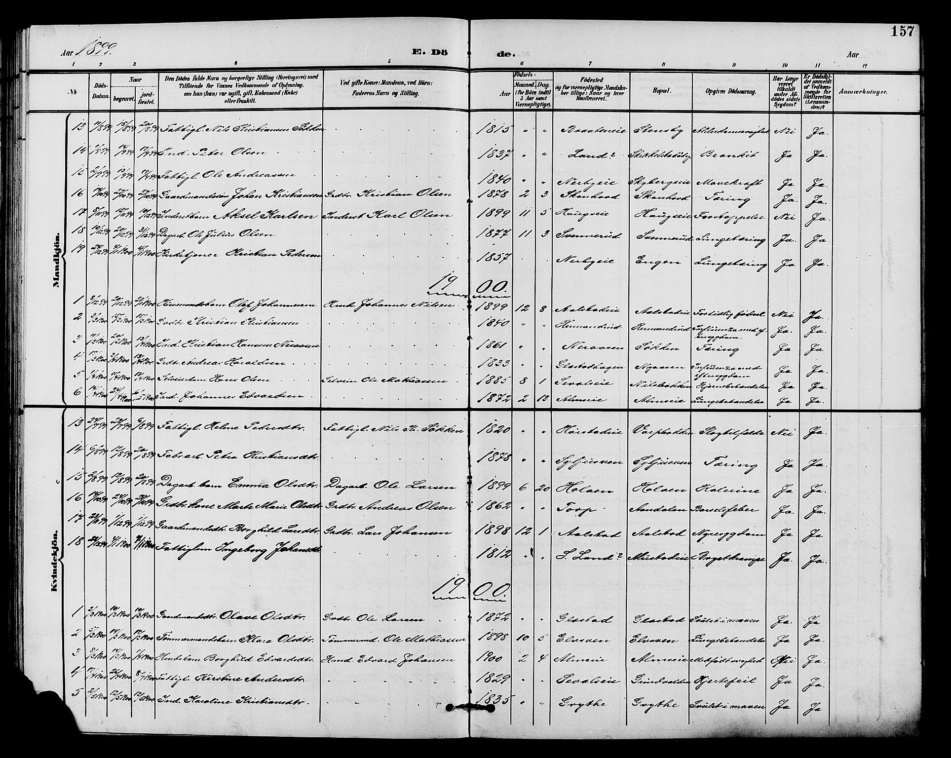 Vardal prestekontor, SAH/PREST-100/H/Ha/Hab/L0011: Parish register (copy) no. 11, 1899-1913, p. 157