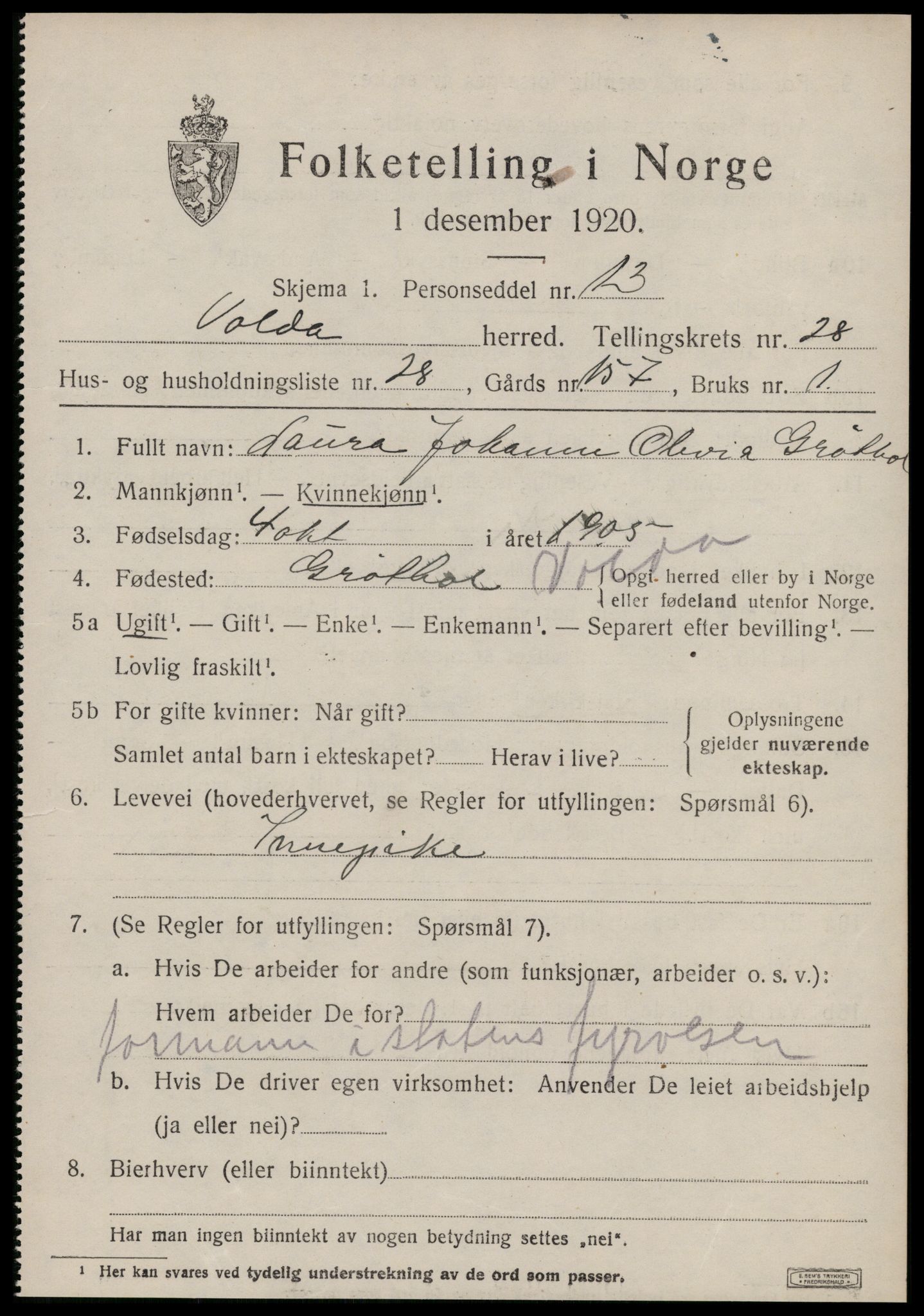 SAT, 1920 census for Volda, 1920, p. 13258