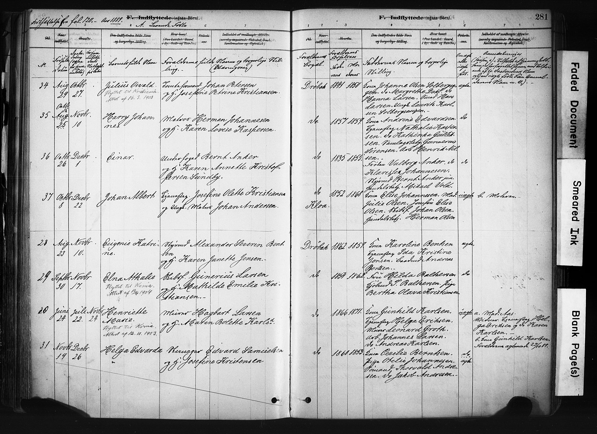 Drøbak prestekontor Kirkebøker, SAO/A-10142a/F/Fb/L0001: Parish register (official) no. II 1, 1878-1891, p. 281