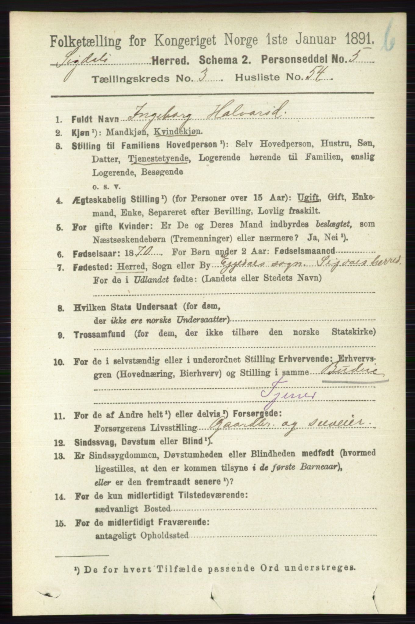 RA, 1891 census for 0621 Sigdal, 1891, p. 4605