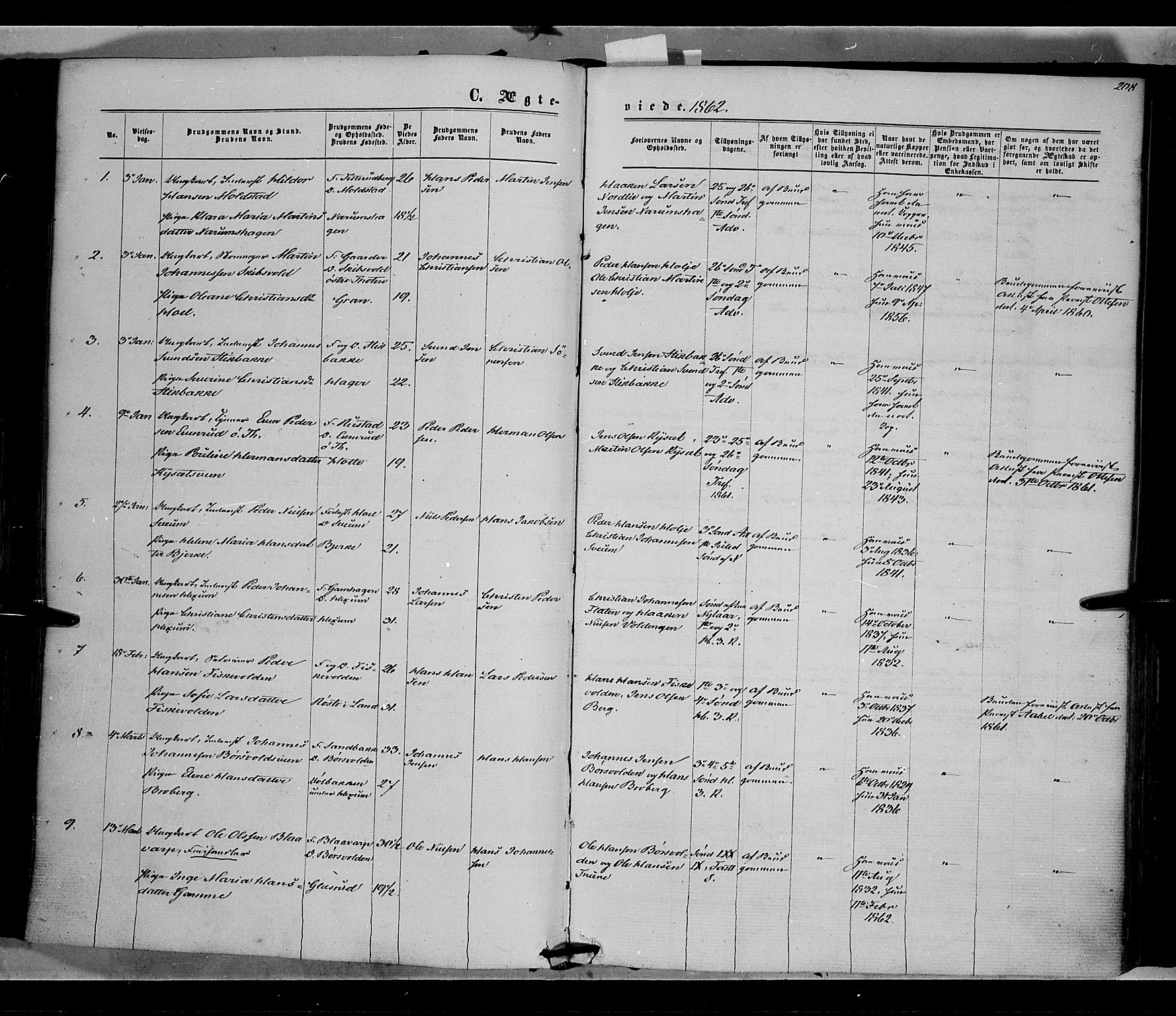 Vestre Toten prestekontor, SAH/PREST-108/H/Ha/Haa/L0007: Parish register (official) no. 7, 1862-1869, p. 208