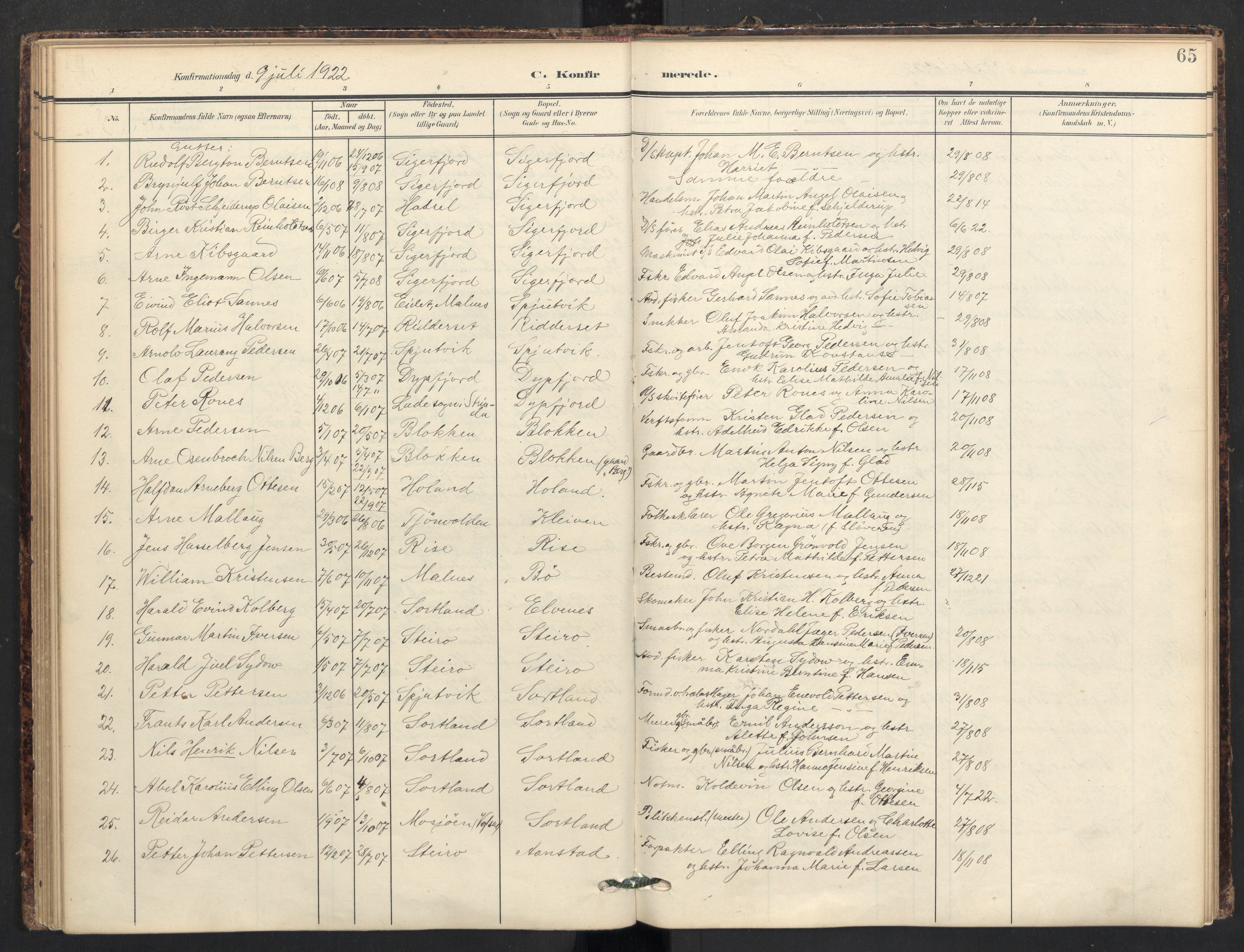 Ministerialprotokoller, klokkerbøker og fødselsregistre - Nordland, AV/SAT-A-1459/895/L1375: Parish register (official) no. 895A10, 1907-1938, p. 65