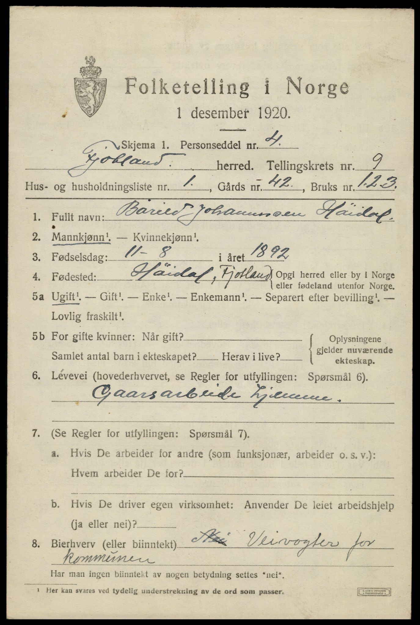 SAK, 1920 census for Fjotland, 1920, p. 2226
