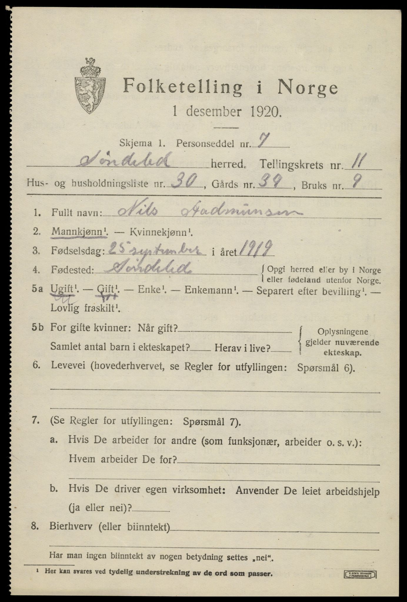 SAK, 1920 census for Søndeled, 1920, p. 5831