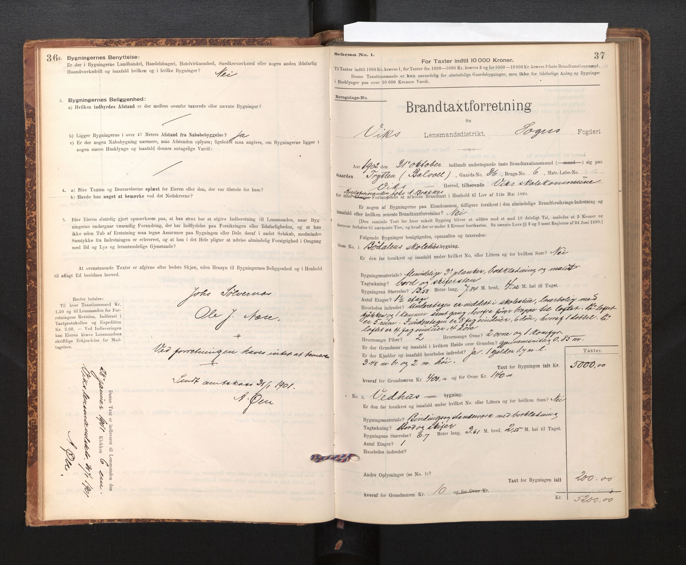 Lensmannen i Vik, SAB/A-30301/0012/L0006: Branntakstprotokoll, skjematakst, 1896-1949, p. 36-37