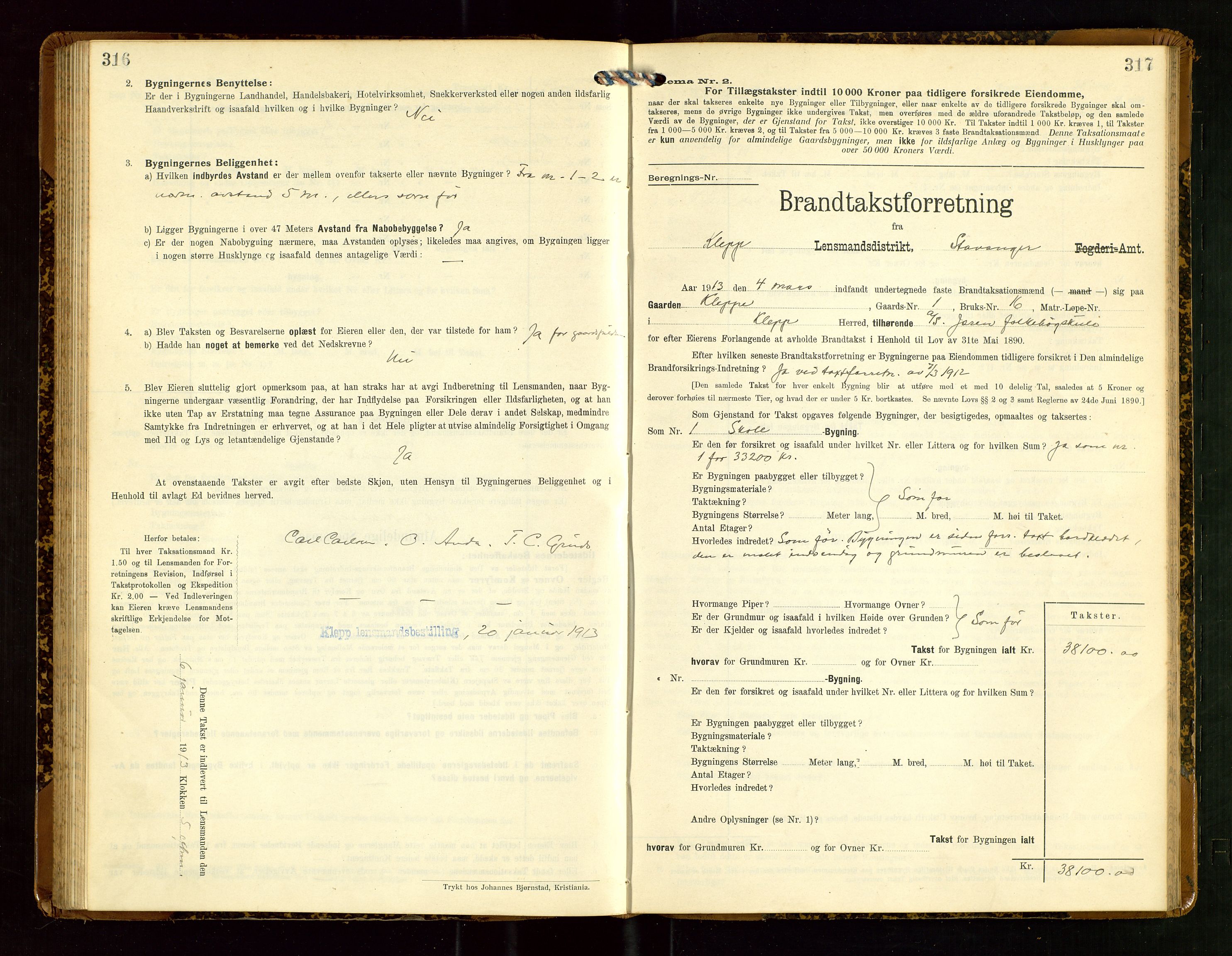 Klepp lensmannskontor, SAST/A-100163/Goc/L0007: "Brandtaxationsprotokol" m/register, 1911-1915, p. 316-317