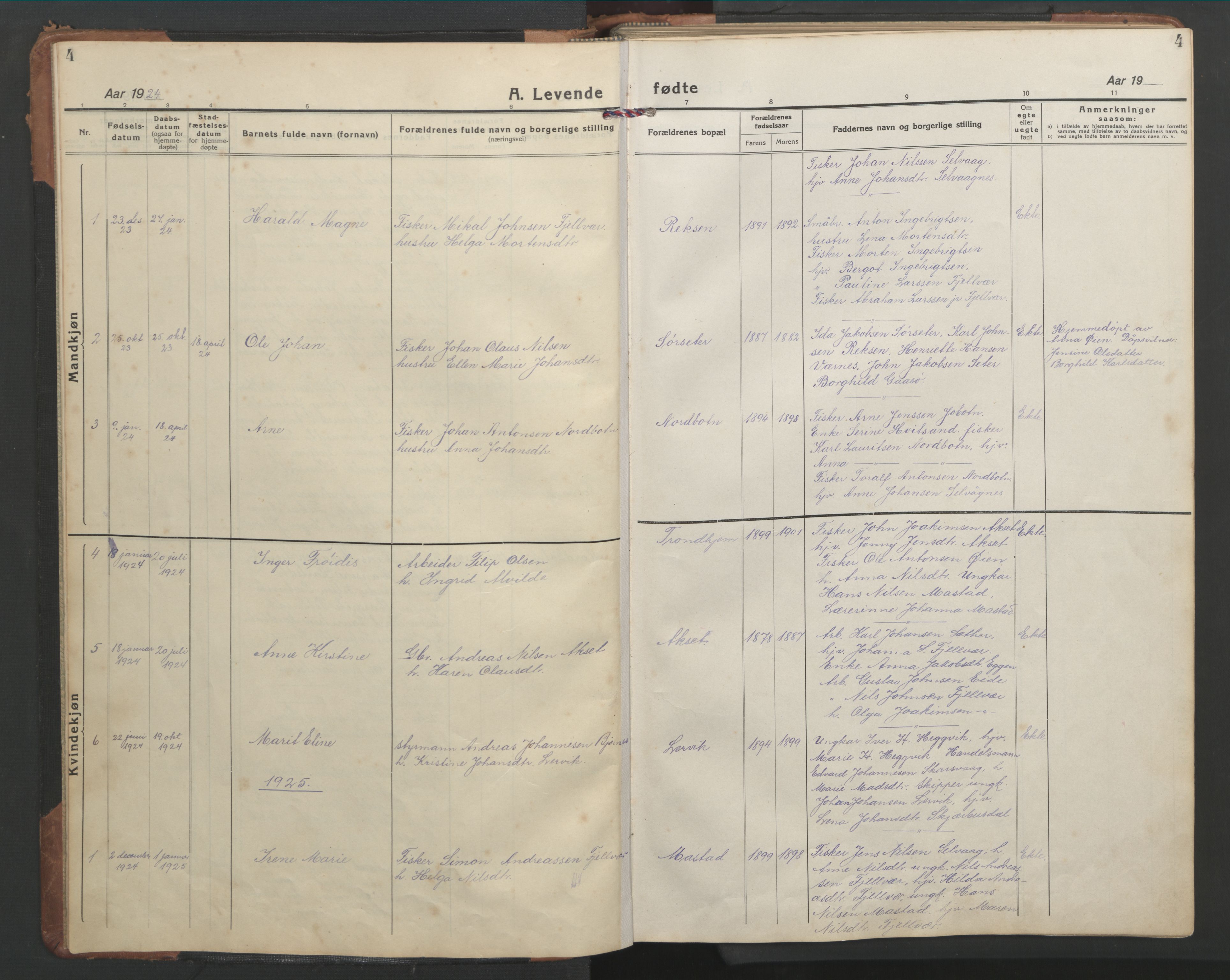 Ministerialprotokoller, klokkerbøker og fødselsregistre - Sør-Trøndelag, SAT/A-1456/638/L0569: Parish register (copy) no. 638C01, 1923-1961, p. 4