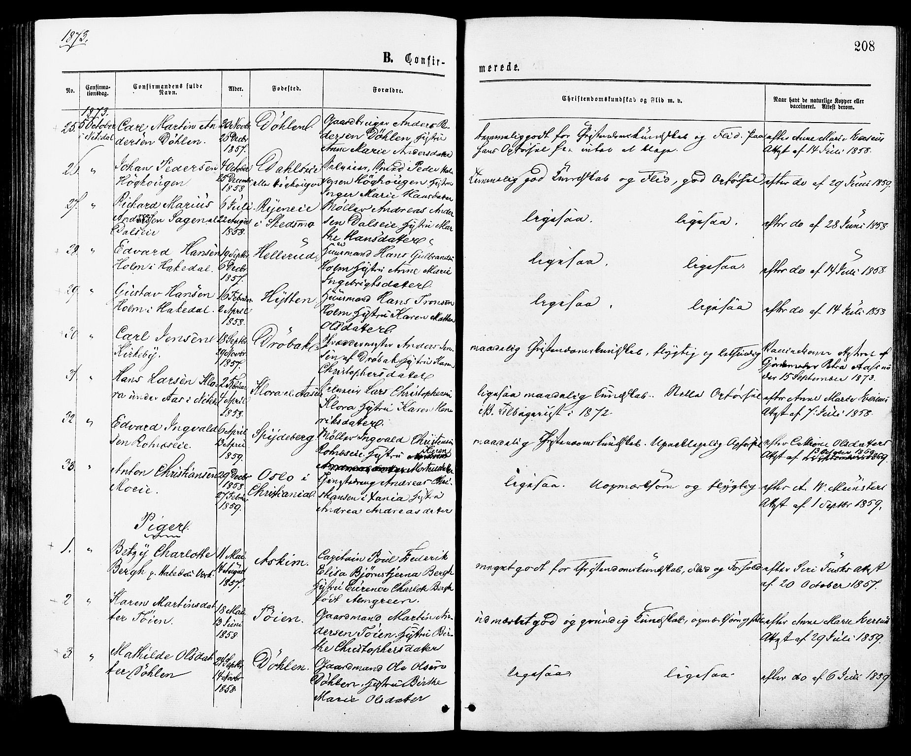 Nittedal prestekontor Kirkebøker, AV/SAO-A-10365a/F/Fa/L0006: Parish register (official) no. I 6, 1863-1878, p. 208