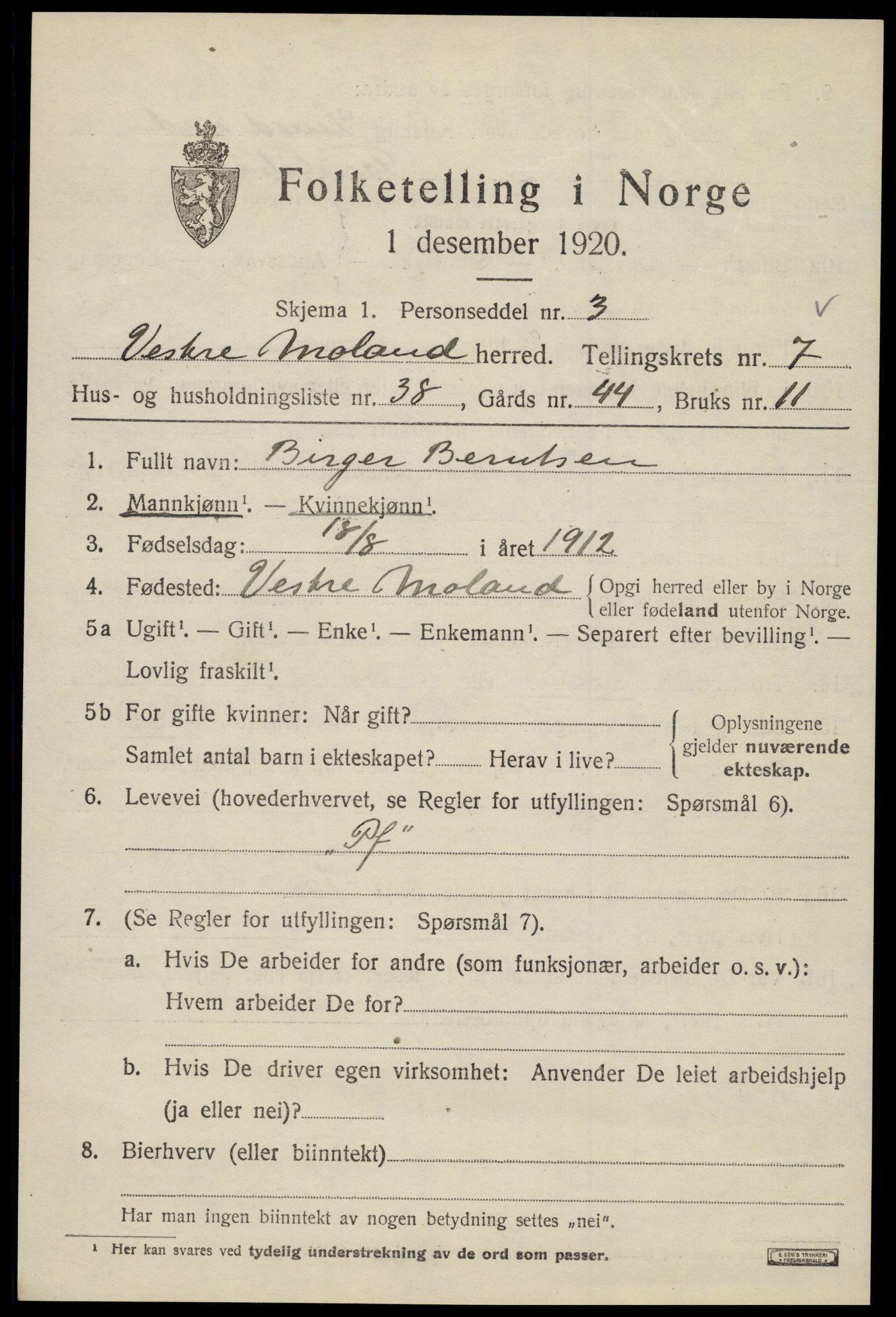 SAK, 1920 census for Vestre Moland, 1920, p. 5187