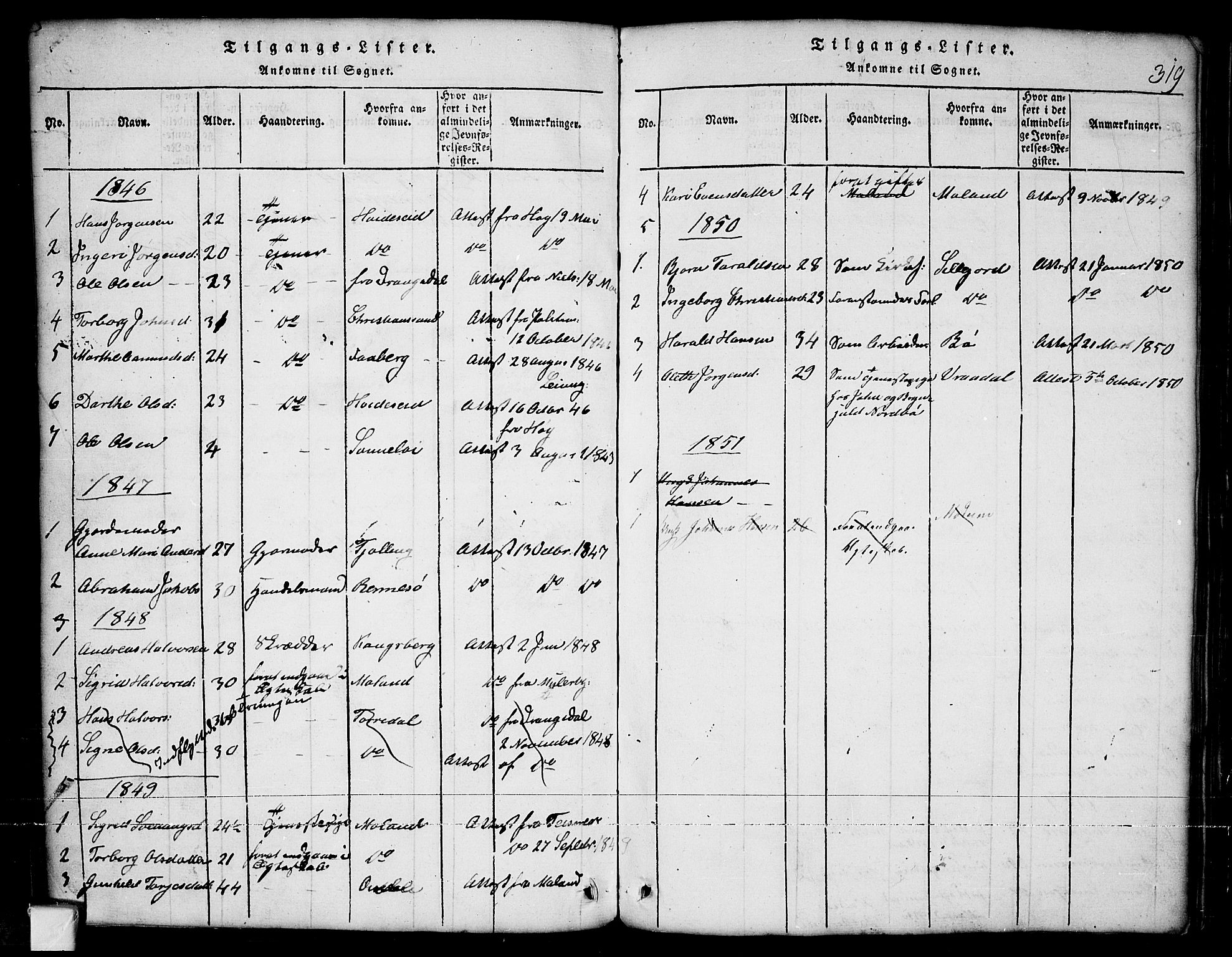 Nissedal kirkebøker, SAKO/A-288/G/Ga/L0001: Parish register (copy) no. I 1, 1814-1860, p. 319