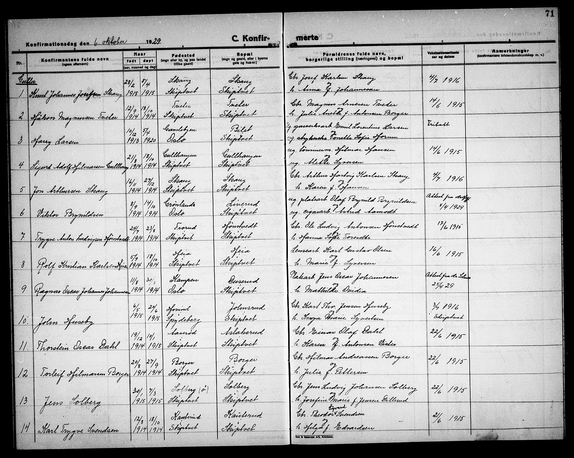 Skiptvet prestekontor Kirkebøker, AV/SAO-A-20009/G/Ga/L0004: Parish register (copy) no. 4, 1925-1934, p. 71