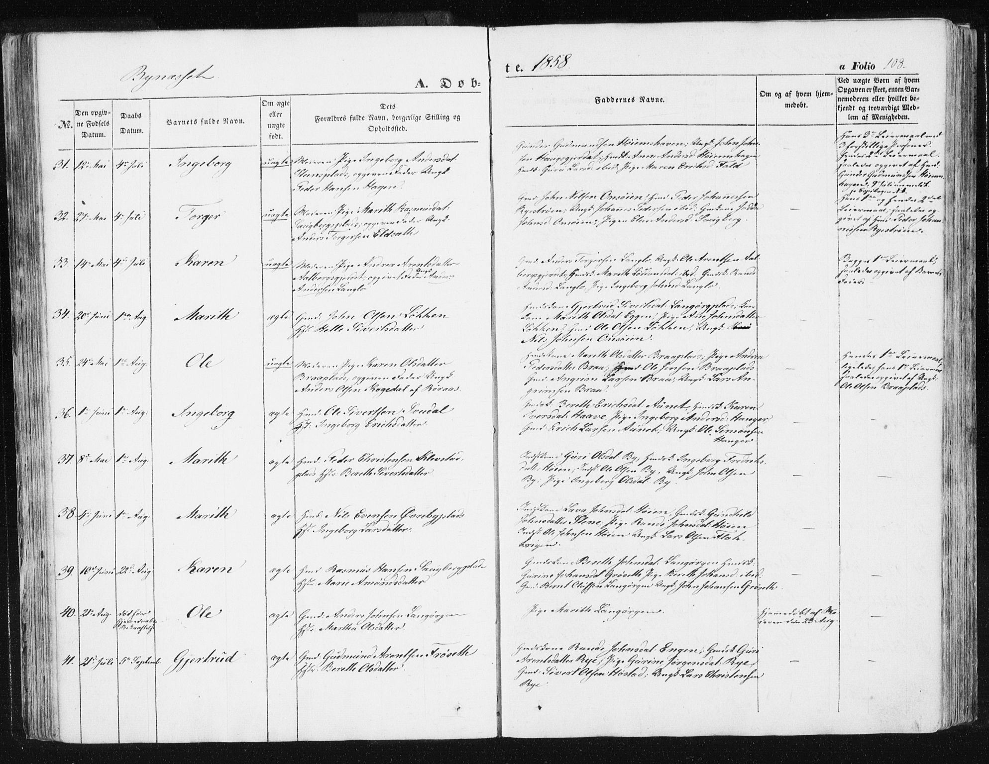 Ministerialprotokoller, klokkerbøker og fødselsregistre - Sør-Trøndelag, AV/SAT-A-1456/612/L0376: Parish register (official) no. 612A08, 1846-1859, p. 108