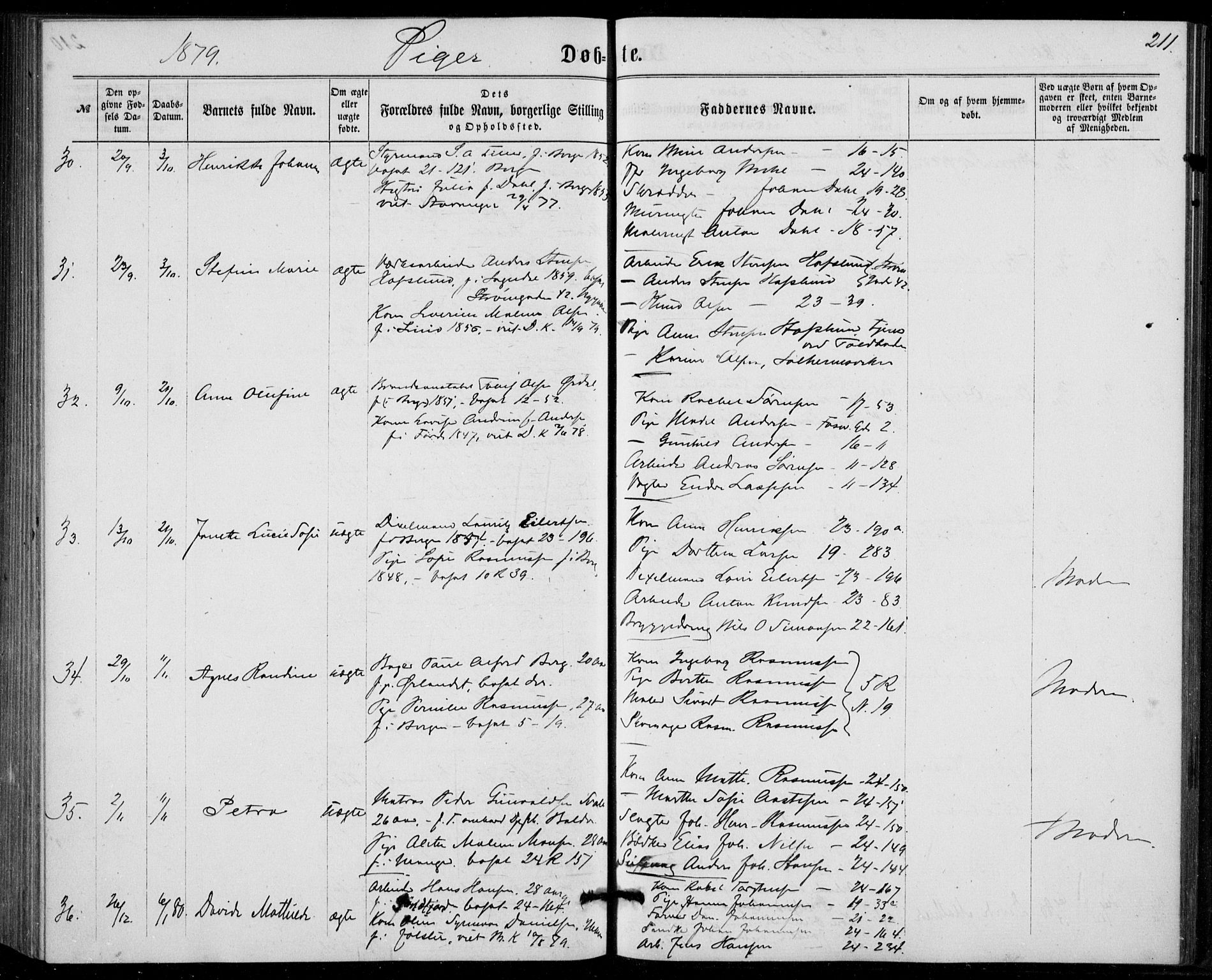 Fødselsstiftelsens sokneprestembete, ført av overlegen*, SAB/-: Parish register (official) no. A 1, 1863-1883, p. 211