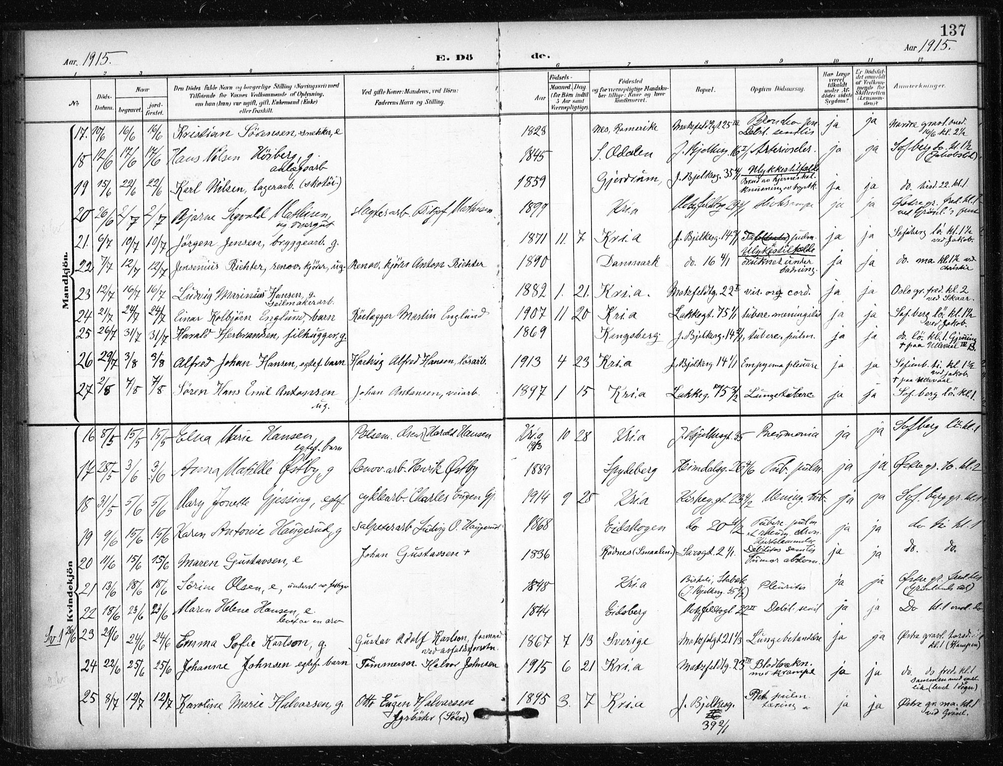 Tøyen prestekontor Kirkebøker, AV/SAO-A-10167a/F/Fa/L0002: Parish register (official) no. I 2, 1907-1916, p. 137