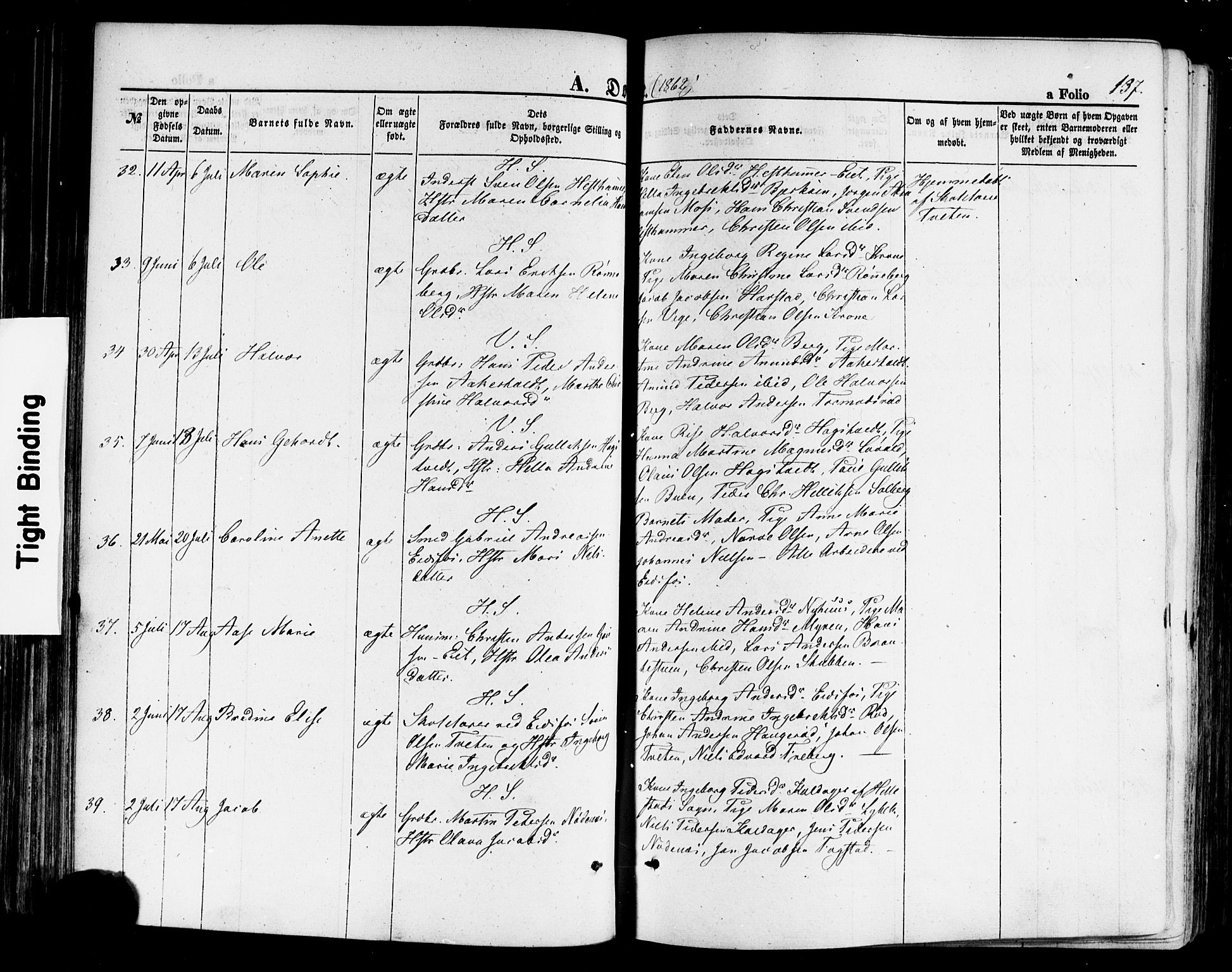 Hof kirkebøker, AV/SAKO-A-64/F/Fa/L0006: Parish register (official) no. I 6, 1851-1877, p. 137