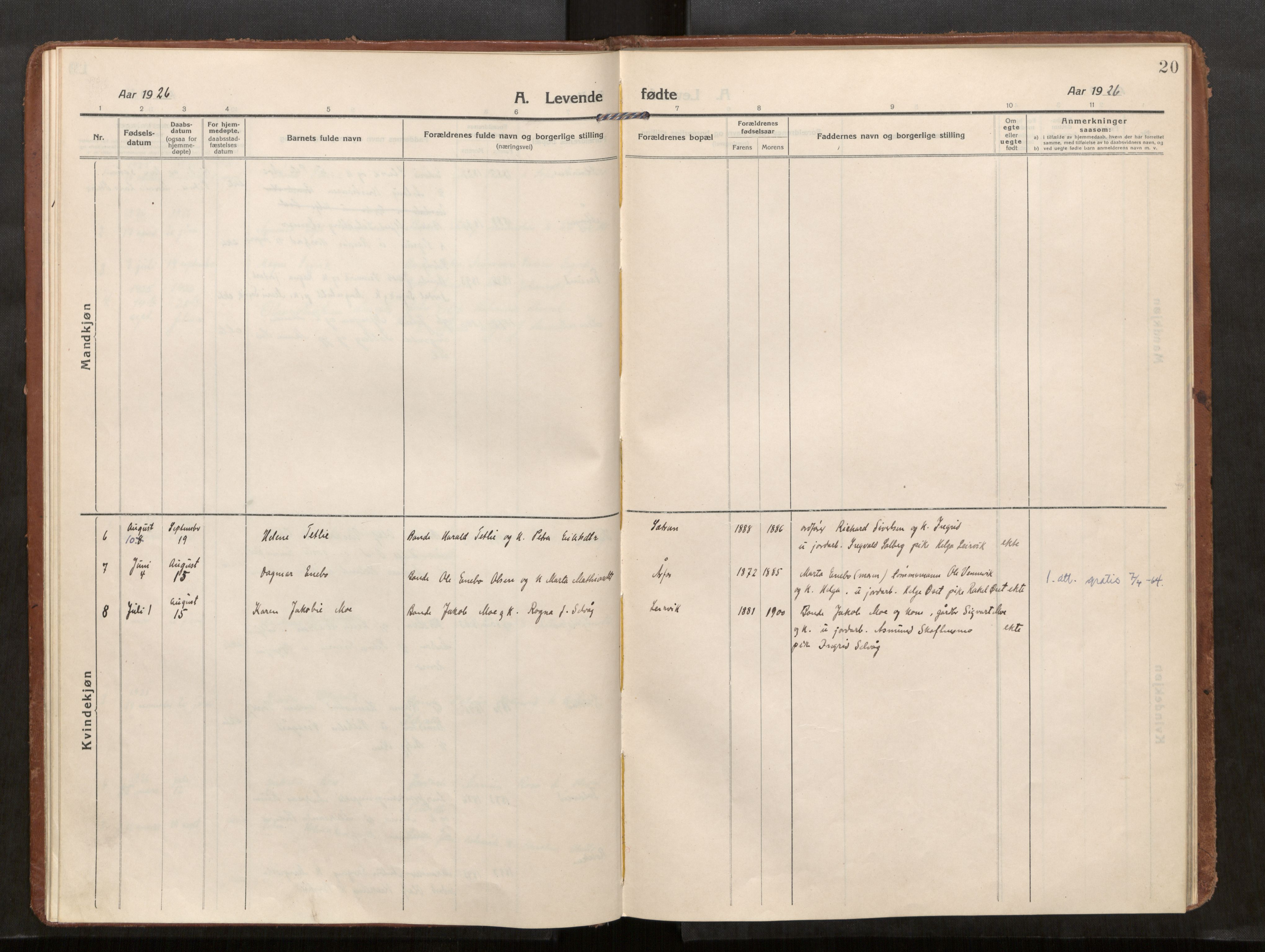 Kolvereid sokneprestkontor, SAT/A-1171/H/Ha/Haa/L0002: Parish register (official) no. 2, 1914-1926, p. 20