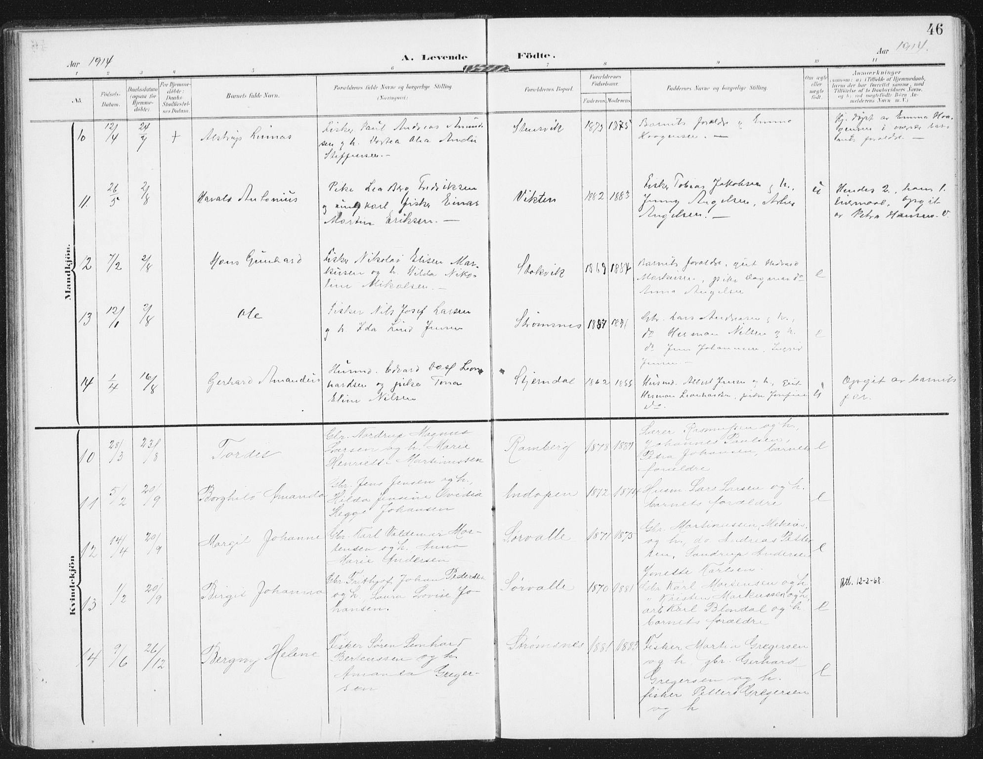 Ministerialprotokoller, klokkerbøker og fødselsregistre - Nordland, AV/SAT-A-1459/885/L1206: Parish register (official) no. 885A07, 1905-1915, p. 46