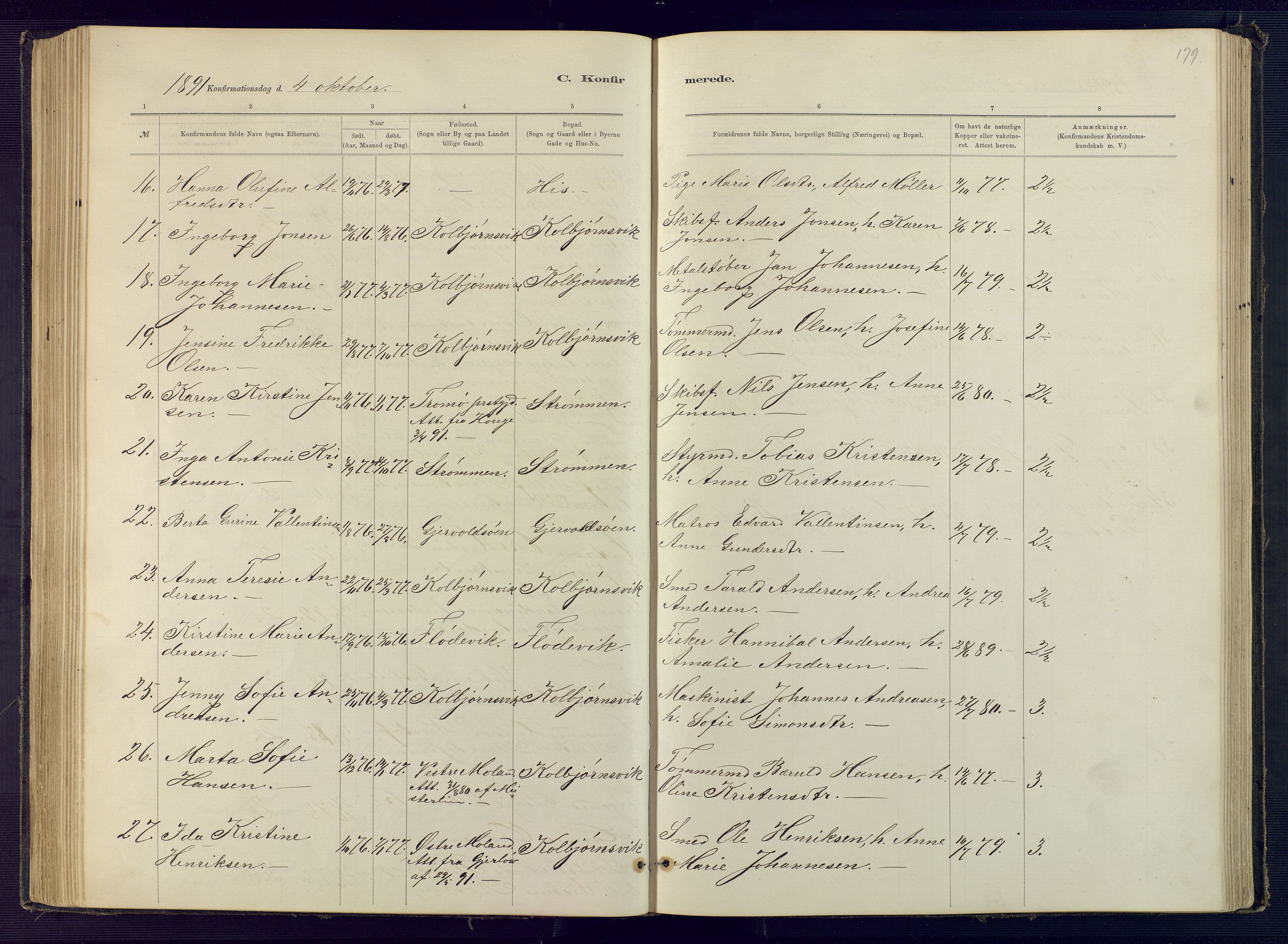 Hisøy sokneprestkontor, SAK/1111-0020/F/Fb/L0003: Parish register (copy) no. B 3, 1885-1905, p. 179