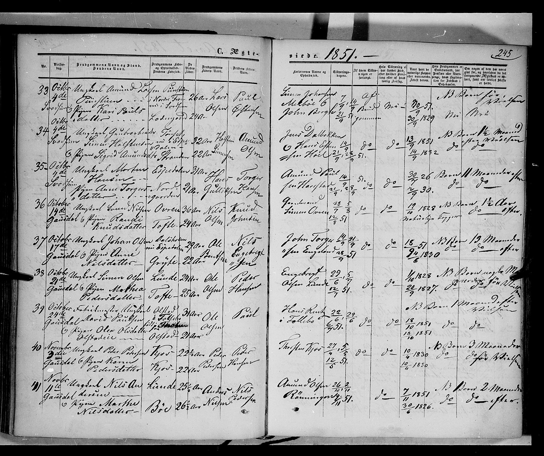 Gausdal prestekontor, SAH/PREST-090/H/Ha/Haa/L0008: Parish register (official) no. 8, 1850-1861, p. 245