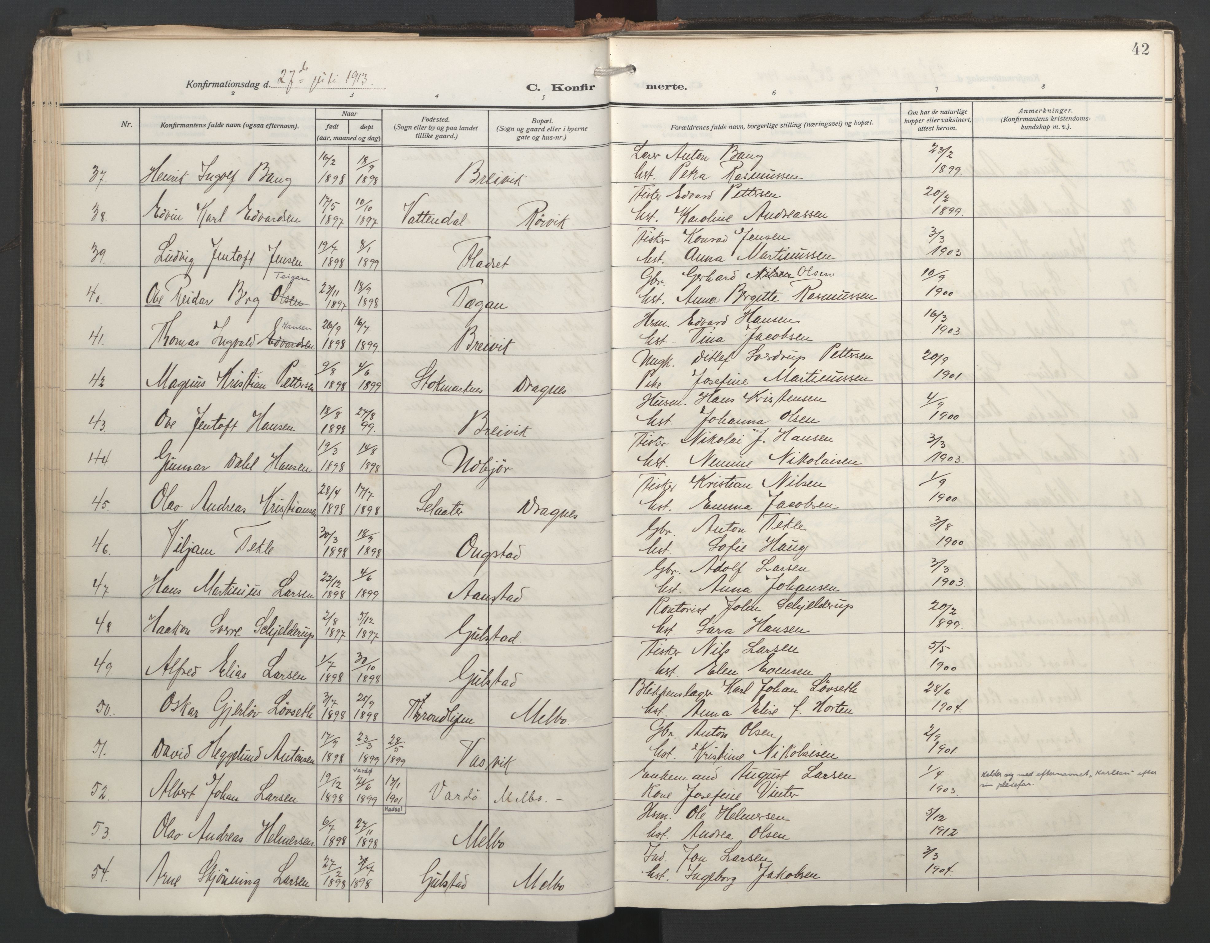 Ministerialprotokoller, klokkerbøker og fødselsregistre - Nordland, AV/SAT-A-1459/888/L1249: Parish register (official) no. 888A15, 1911-1929, p. 42