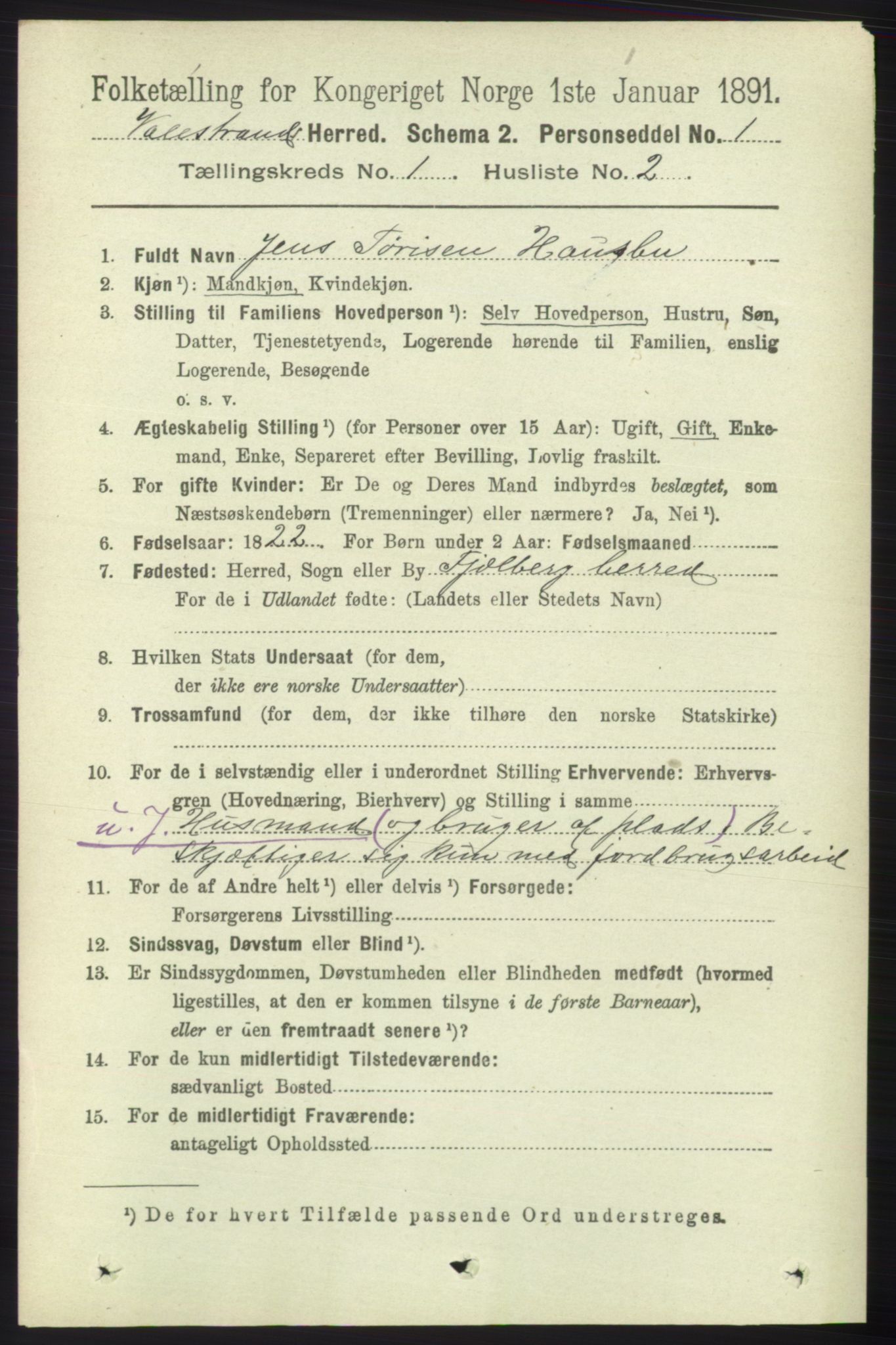 RA, 1891 census for 1217 Valestrand, 1891, p. 61