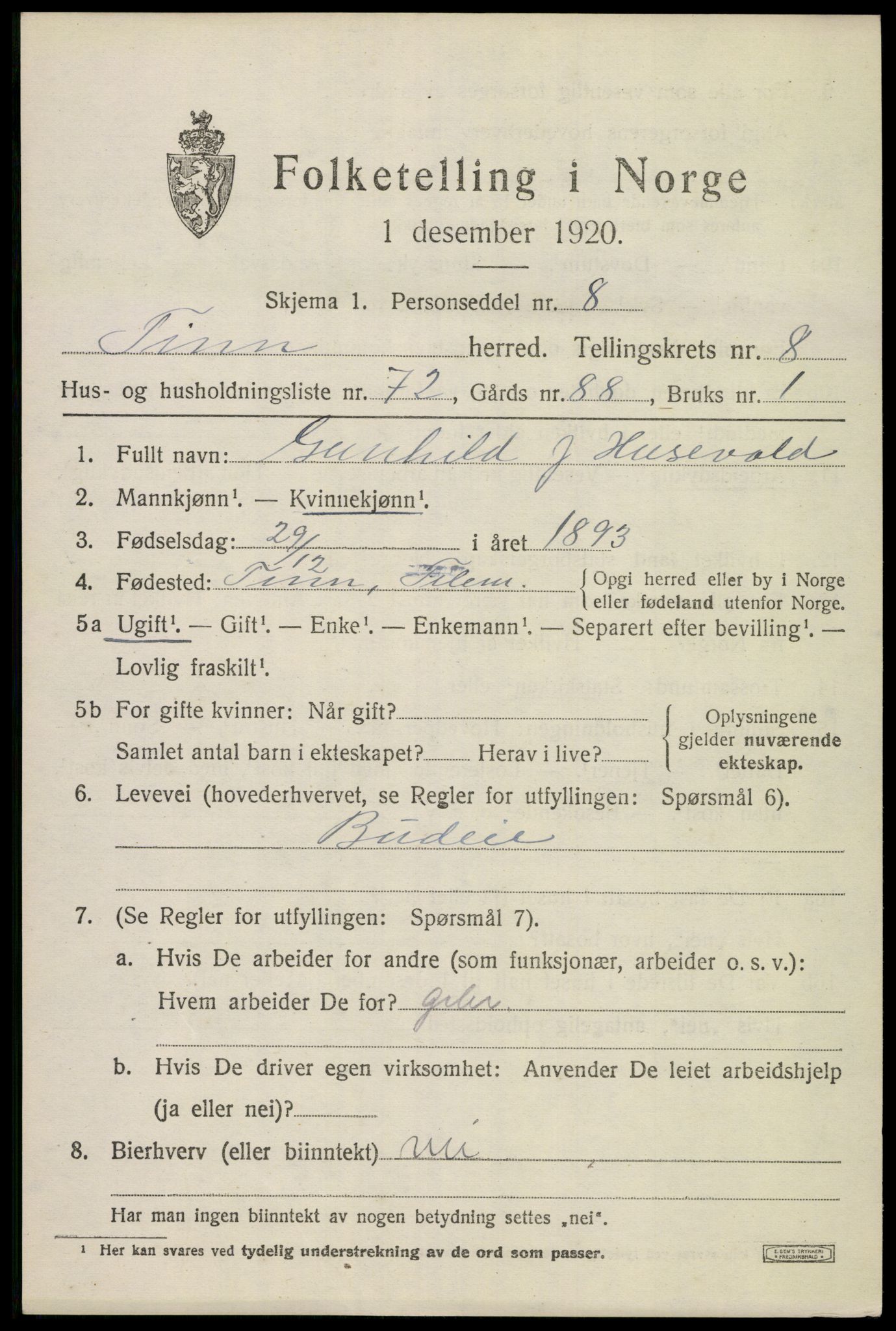 SAKO, 1920 census for Tinn, 1920, p. 5788