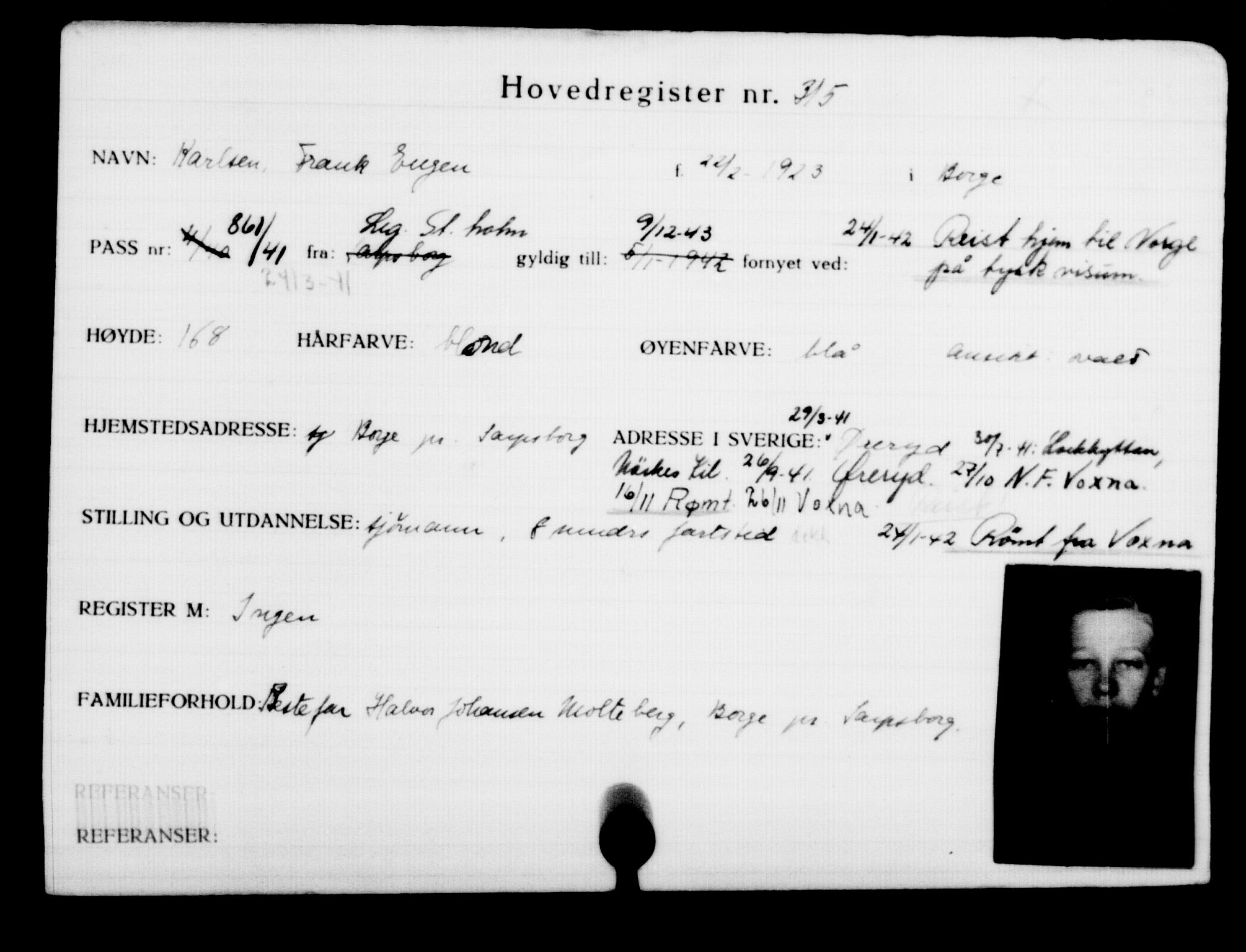 Utenriksstasjonene, Legasjonen i Stockholm, Flyktningkontoret, AV/RA-S-6753/V/Va/L0001: Kjesäterkartoteket, flyktninger med registreringsnr. 1-1000, 1940-1945, p. 504
