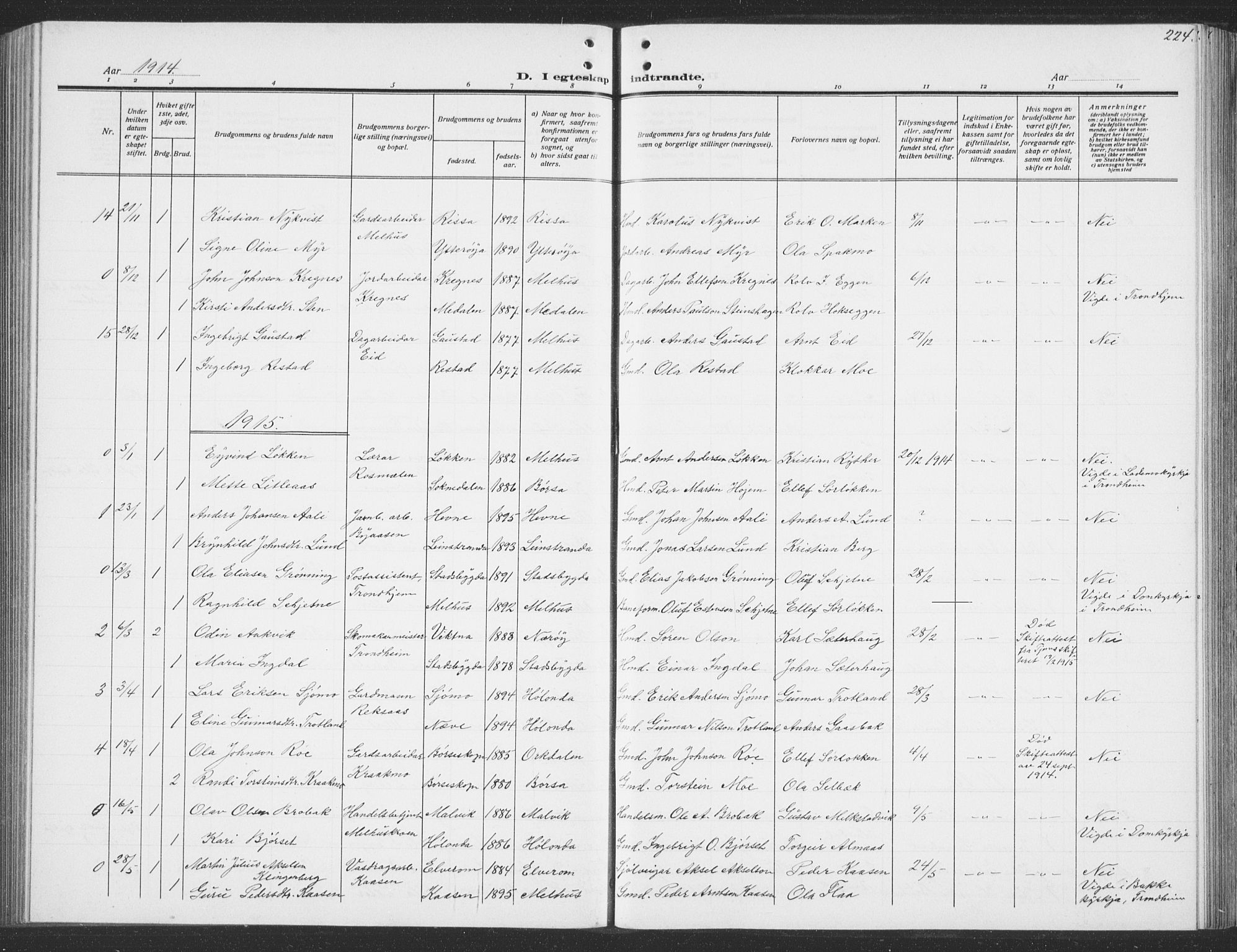 Ministerialprotokoller, klokkerbøker og fødselsregistre - Sør-Trøndelag, SAT/A-1456/691/L1095: Parish register (copy) no. 691C06, 1912-1933, p. 224